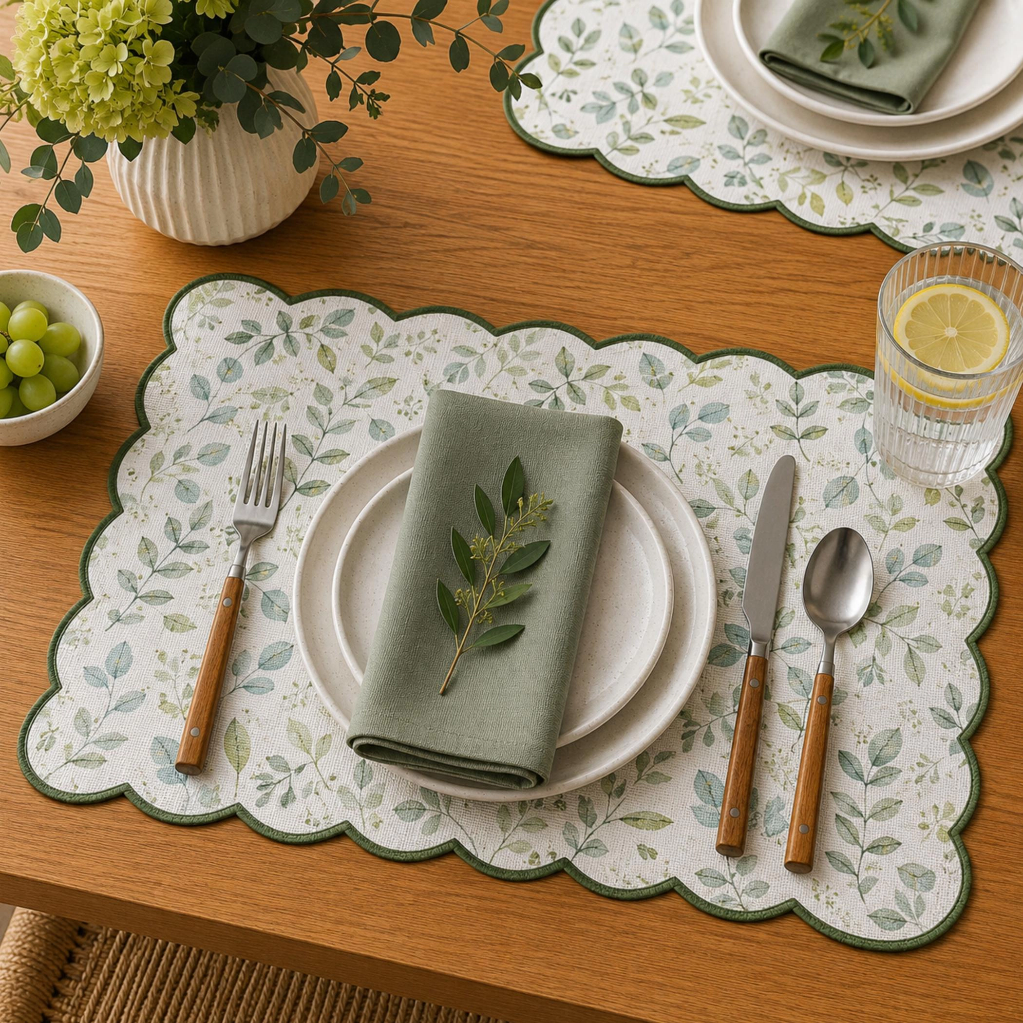 Dainty Home Leaves Woven Vinyl Scalloped Border Reversible 13" x 19" Placemat Set of 6