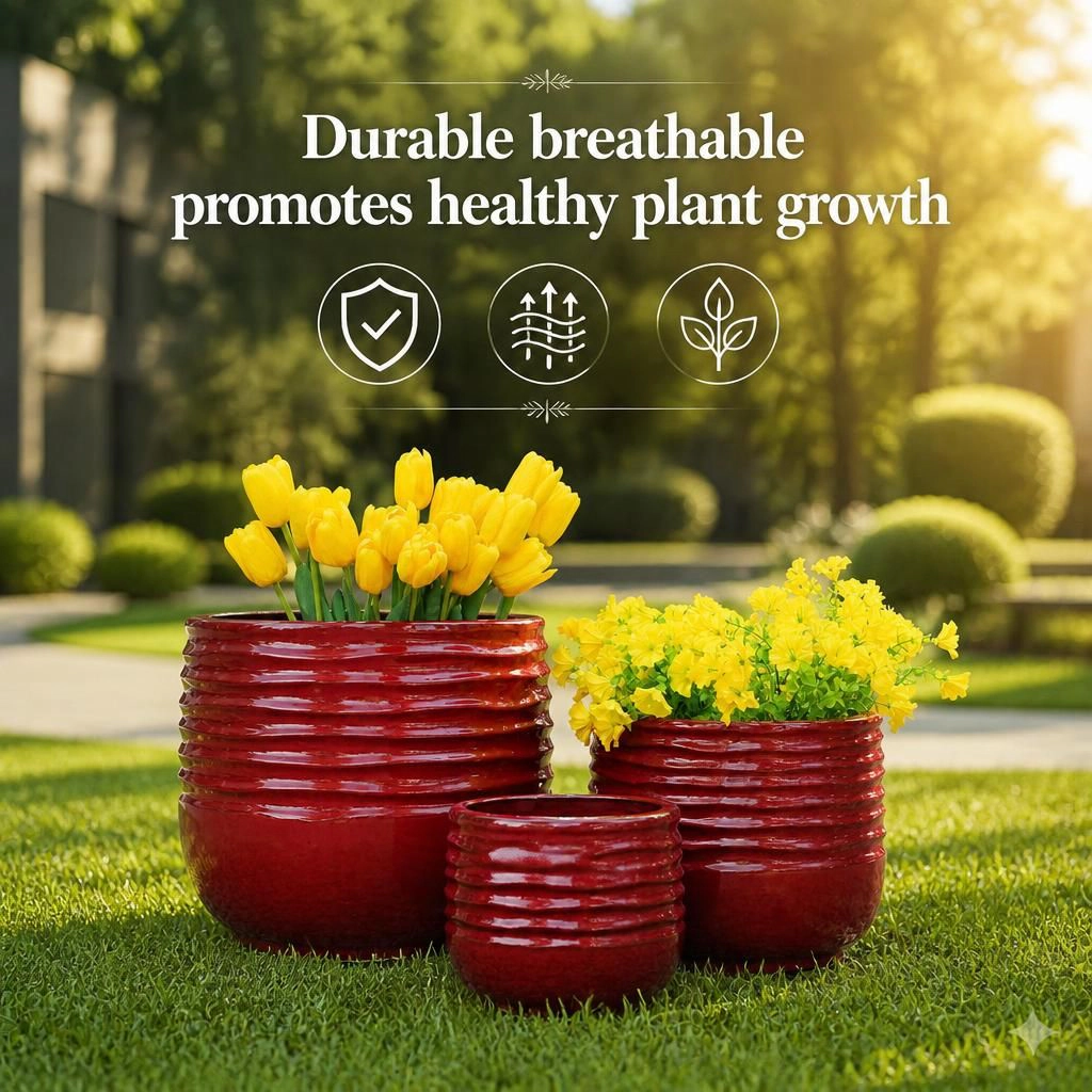 WOW PIONEER Round Ceramic Planter Pot Durable Garden Container for Flowers Herbs Succulents and Shrubs Indoor Outdoor