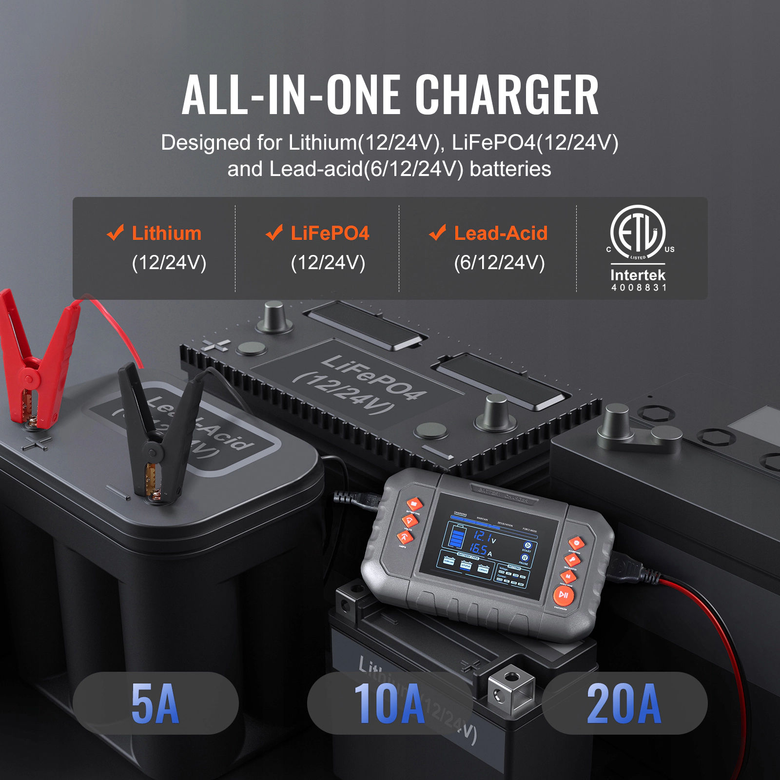 HONGGE Smart Battery Charger Lithium LiFePO4 Lead-Acid AGM / Gel / SLA Car Battery Charger with LCD Display Trickle