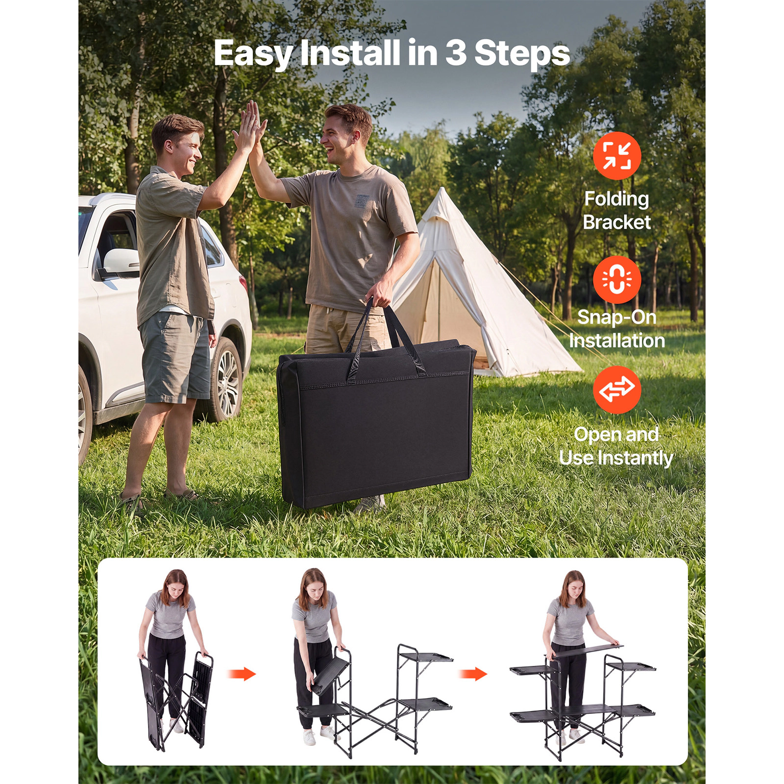 HONGGE Folding Camping Kitchen Table with Heat-Resistant Top, Side Table & Storage Shelf