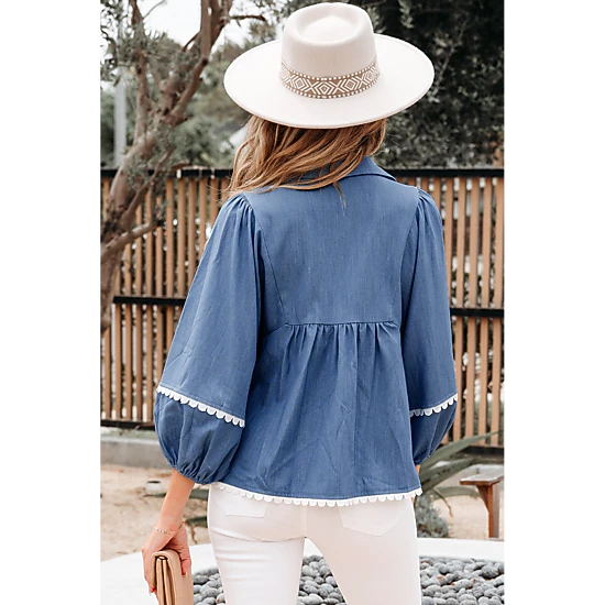 Threaded Pear Women's Nevaeh Lace Ric Rac 3/4 Puff Sleeve Collared