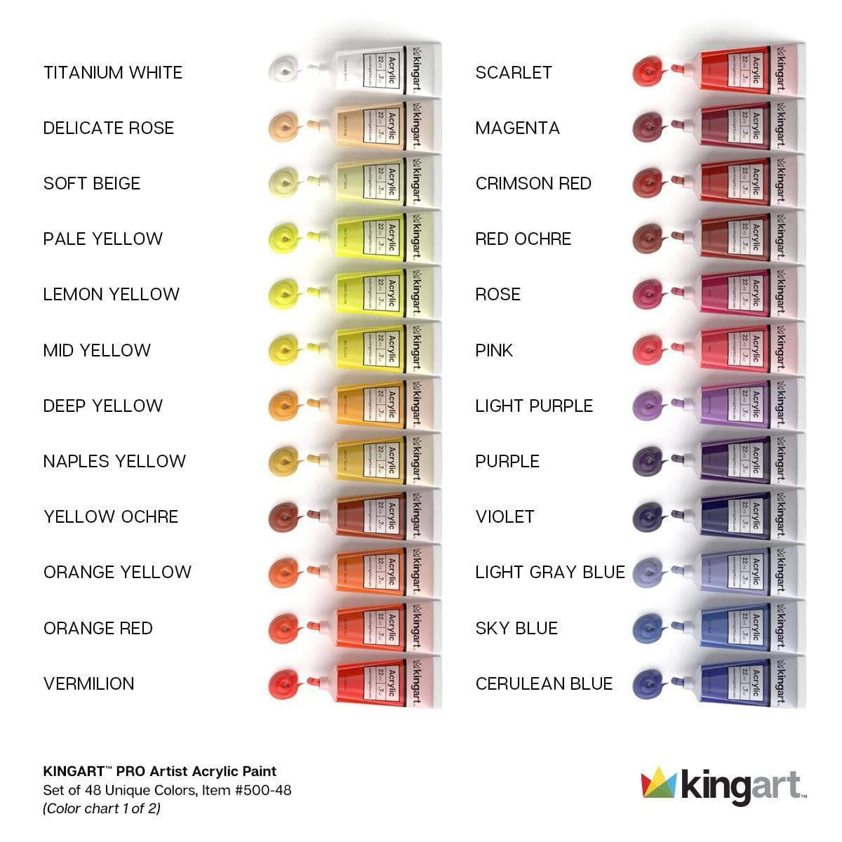 KINGART PRO Acrylic Paint Set - 48 Colors, 22ml Tubes
