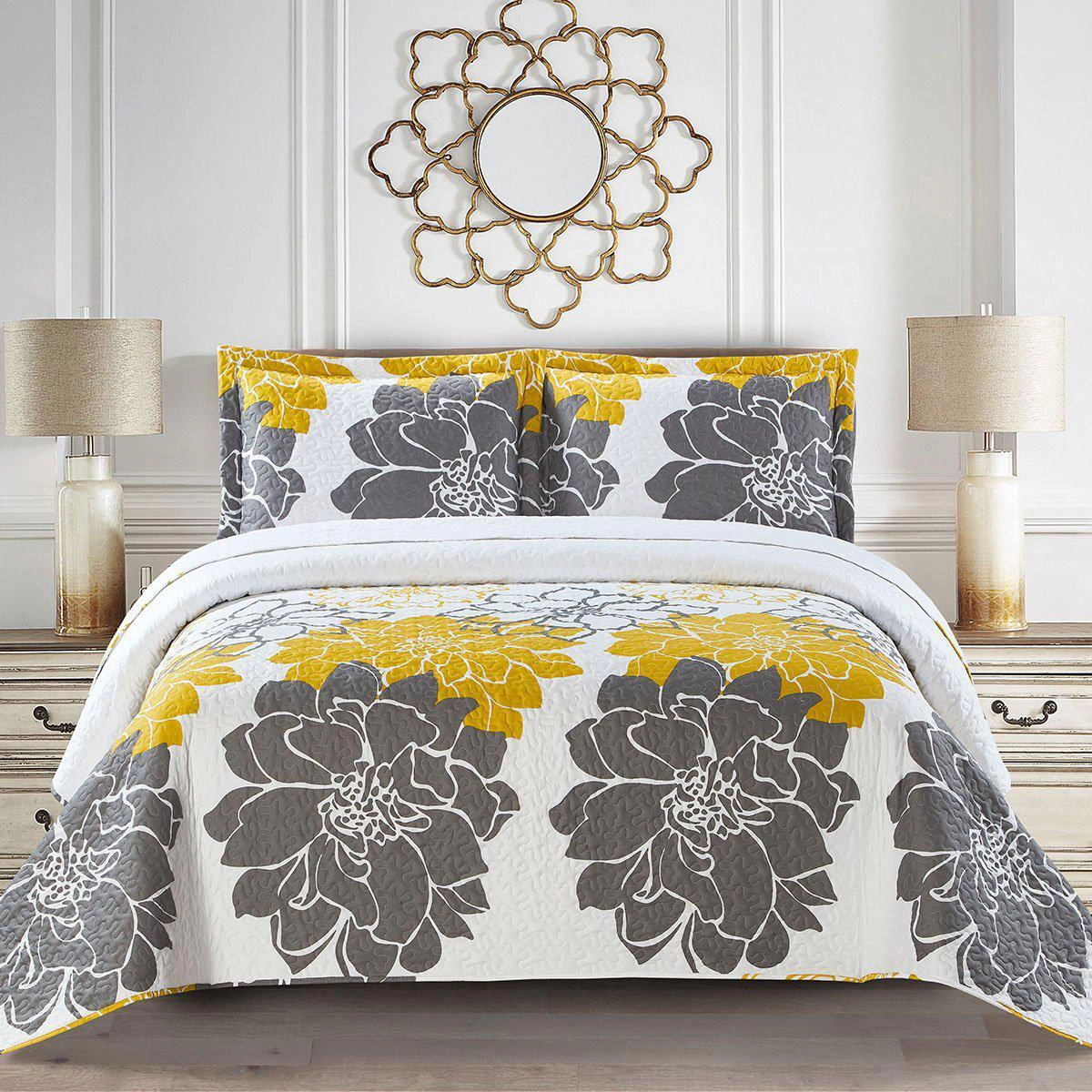 Egyptian Linens Helena Gold Floral Reversible Microfiber Quilt Set
