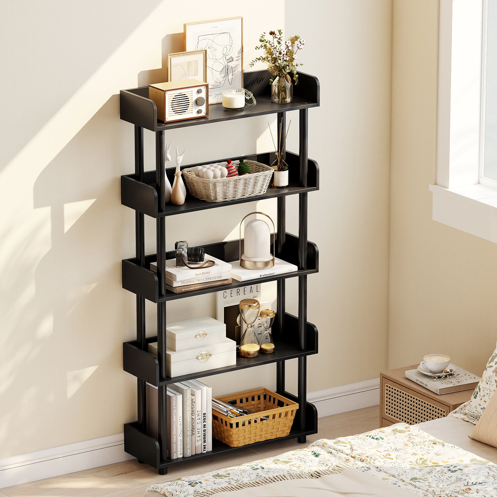 SUGIFT 5-Tier Open Bookcase 62.5 Industrial Storage Unit with Guardrails