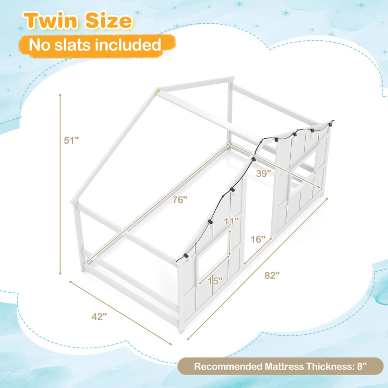 SUGIFT Twin Size White Solid Wood Montessori Kids House Floor Bed with 8 LED Lights Windows and Doorway