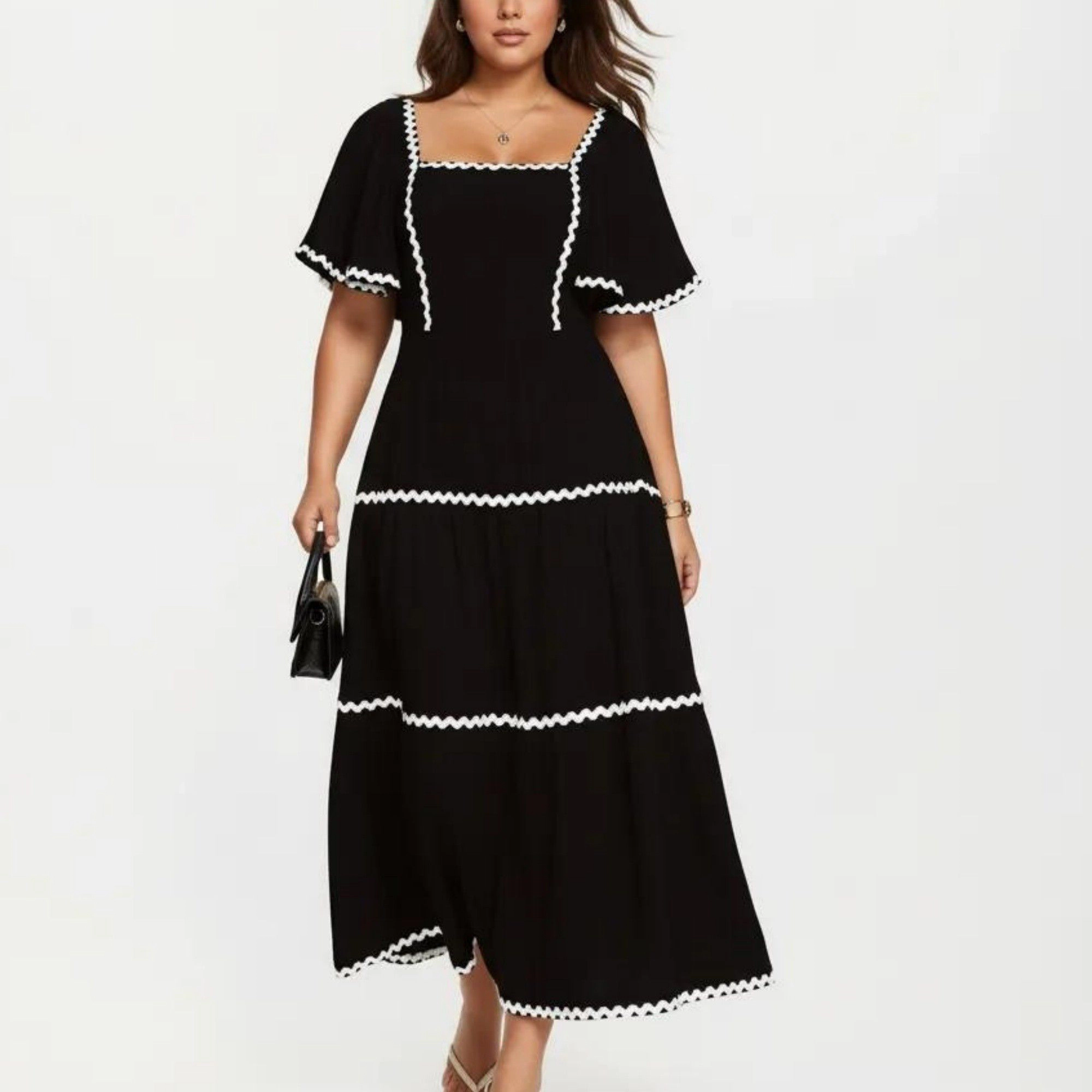 Anna-Kaci Womens Plus Square Neck Contrast Trim Tiered Midi Dress