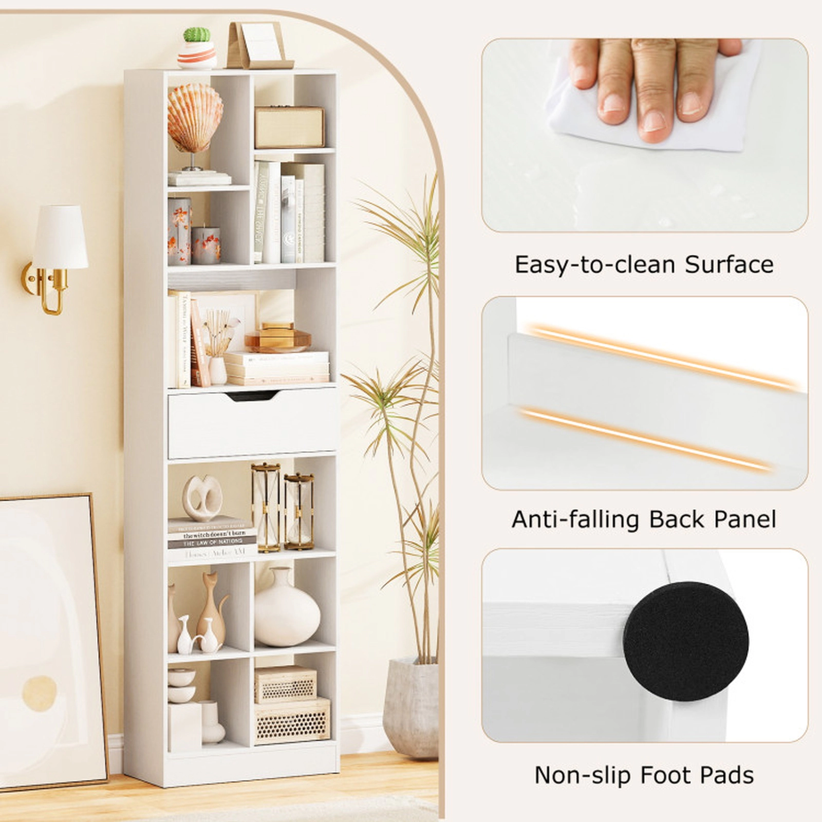 SUGIFT 10-Cube 205-lb Capacity White 71-in Tall Freestanding Bookshelf with Drawer Anti-Fall Guard
