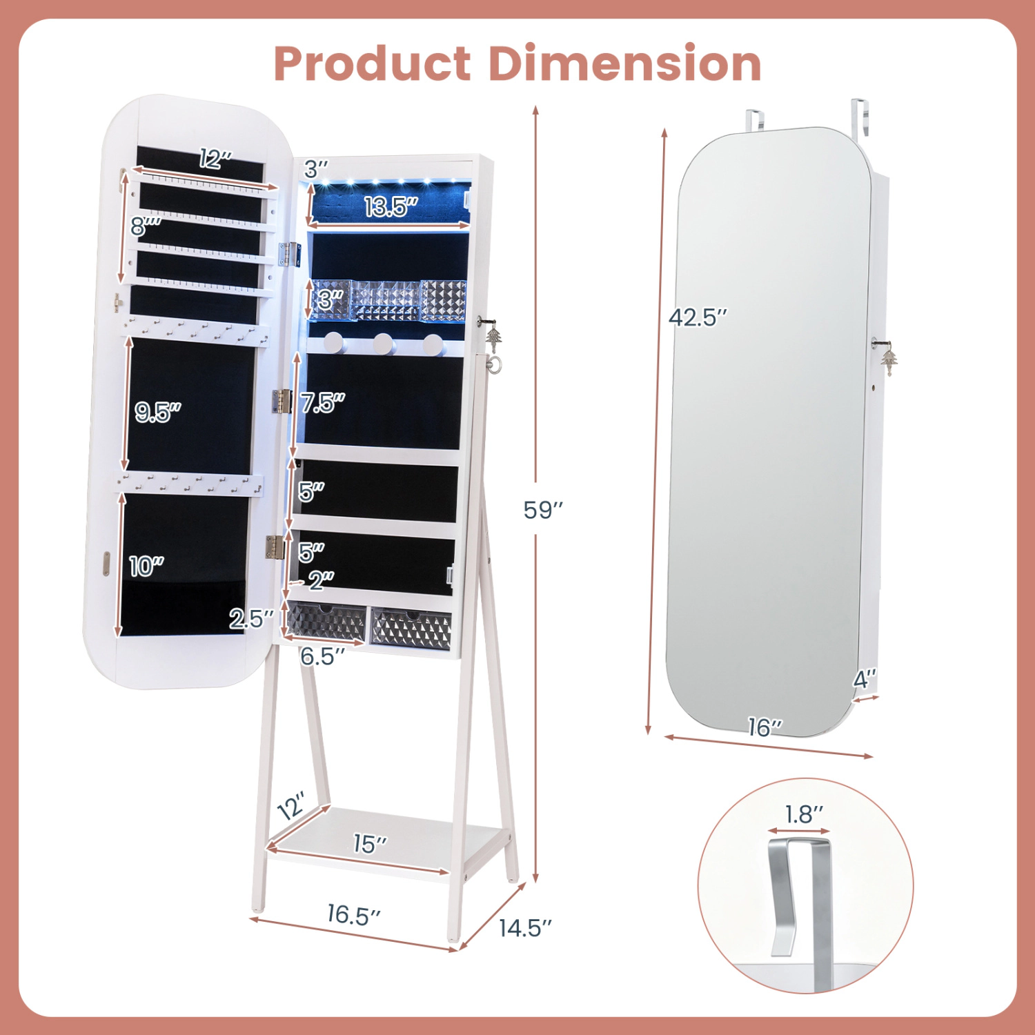 LJG Jewelry Cabinet with Full-Length Mirror Large Storage Capacity