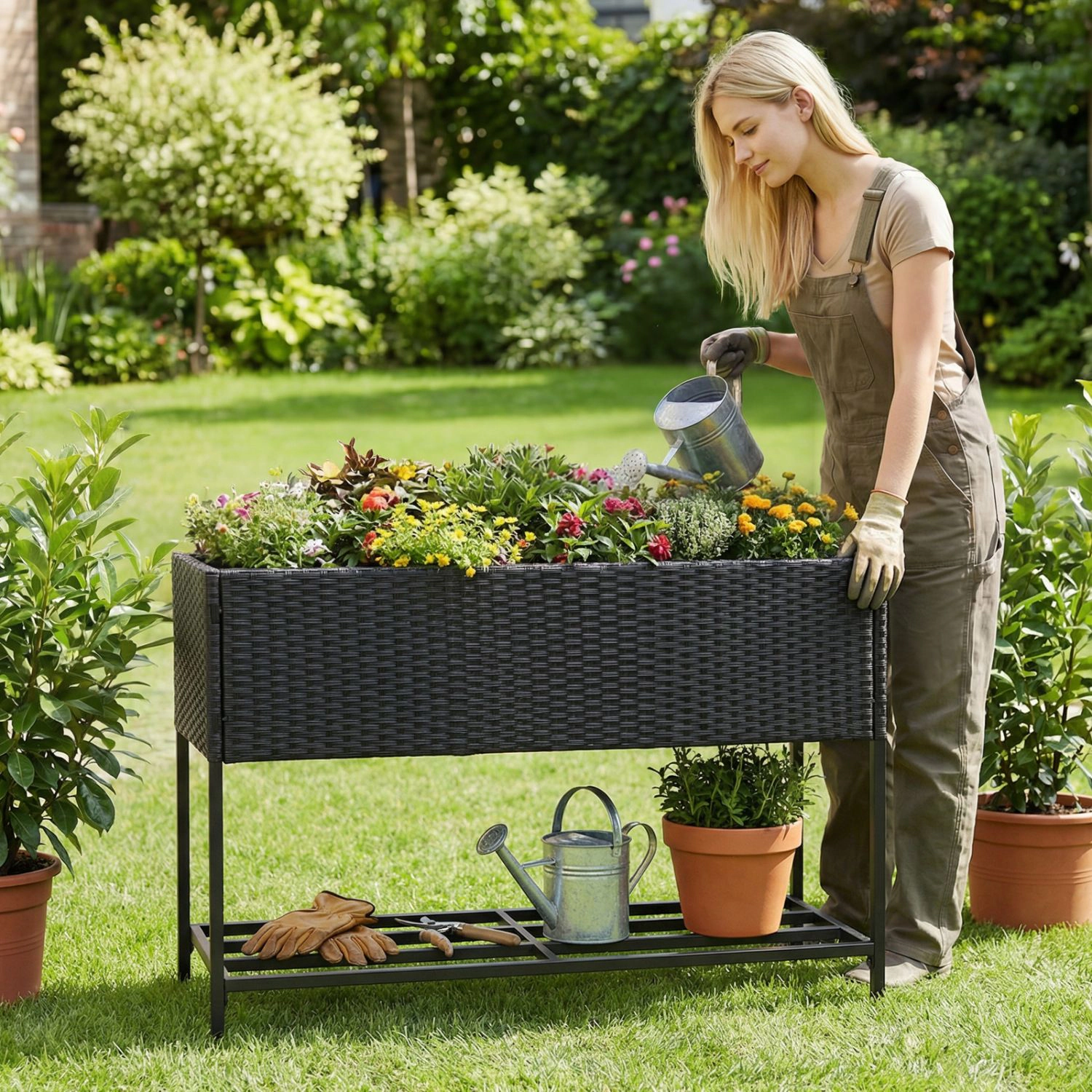 Slickblue Elevated Garden Planter Box with Shelf and Metal Legs