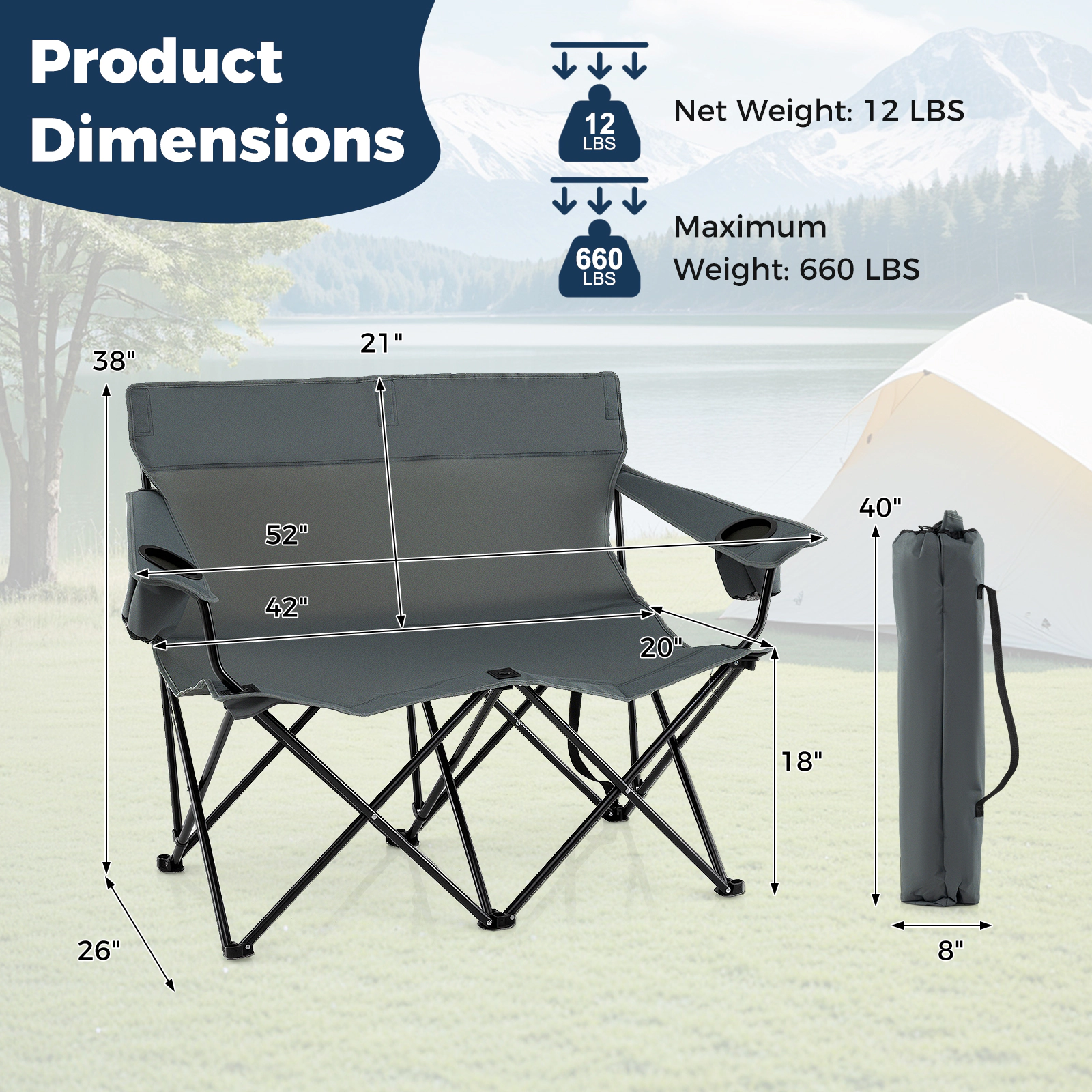 SUGIFT Gray 2-Person Folding Camping Loveseat with 2 Cup Holders and Carry Bag 52-in W 26-in D 660-lb Seat Capacity