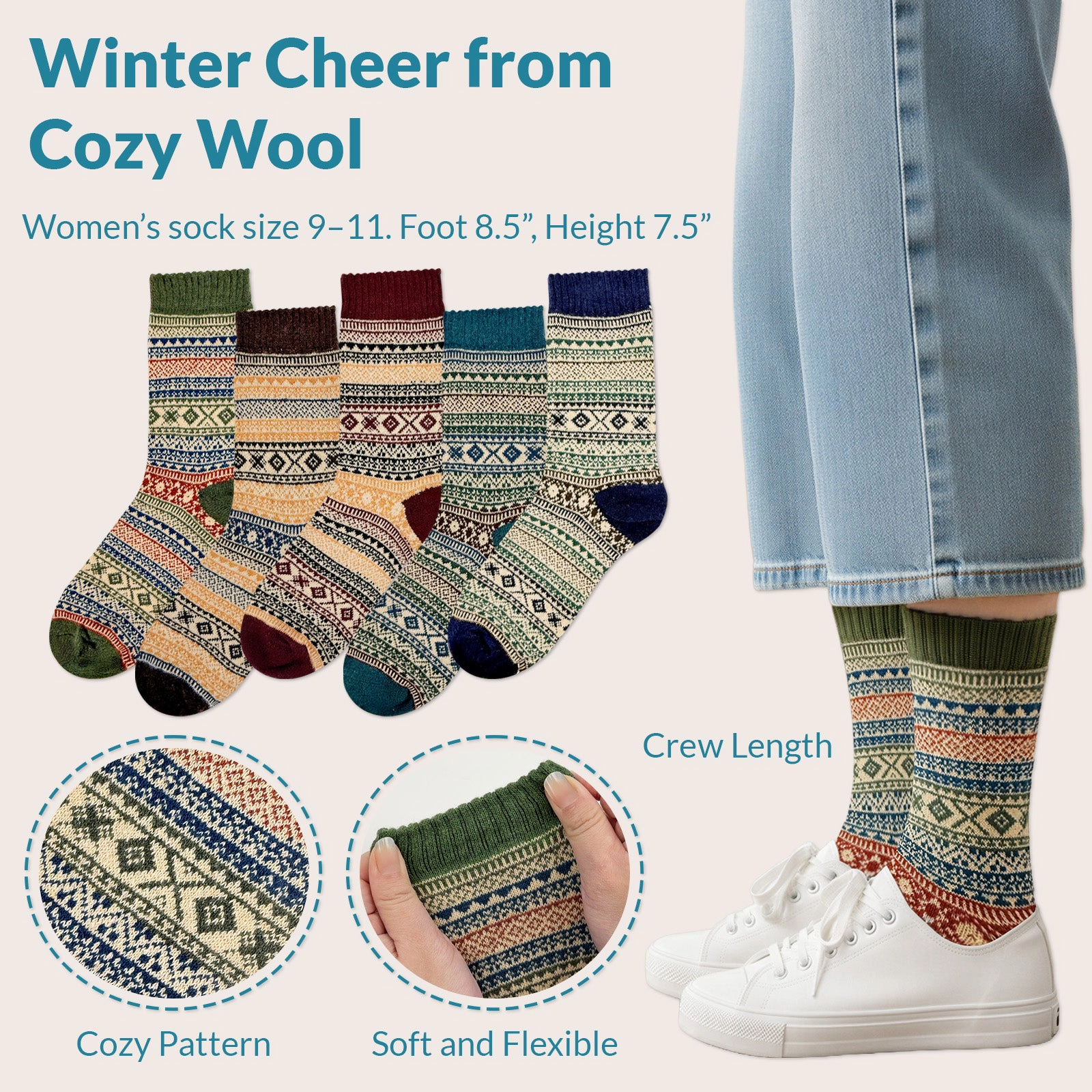 Wrapables Women's Nordic Winter Warm Crew Wool Socks (Set of 5)
