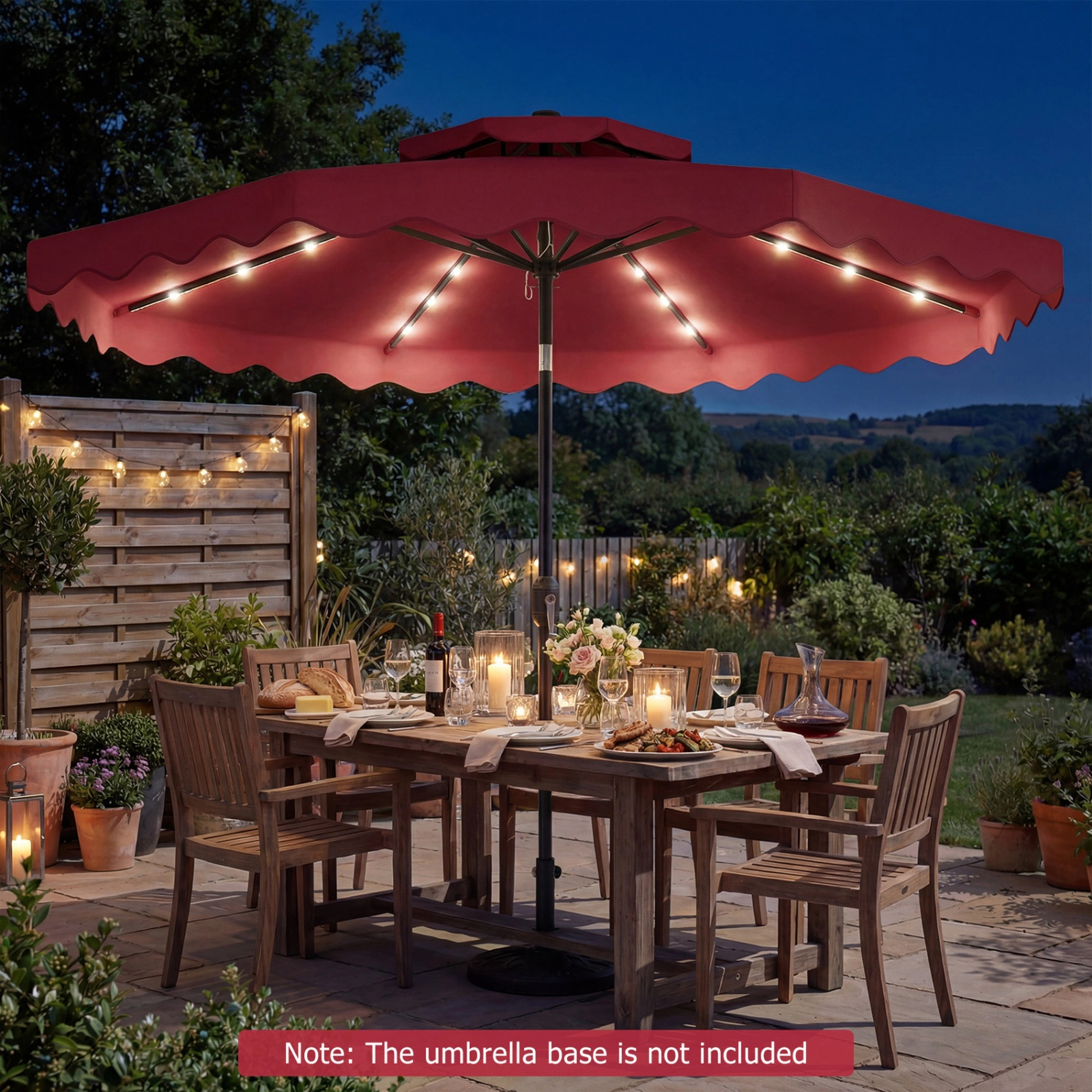 SUGIFT 9-ft Red Solar LED Market Patio Umbrella, 24 Lights, Push-Button Tilt, Crank Lift