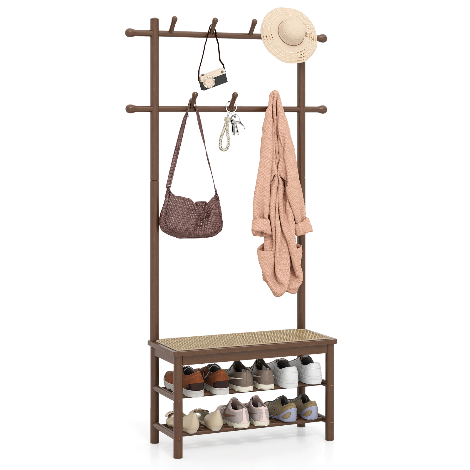 SUGIFT 3-in-1 Bamboo PE Rattan Hall Tree with Bench and Shoe Storage 330-lb Bench Capacity Brown & Natural