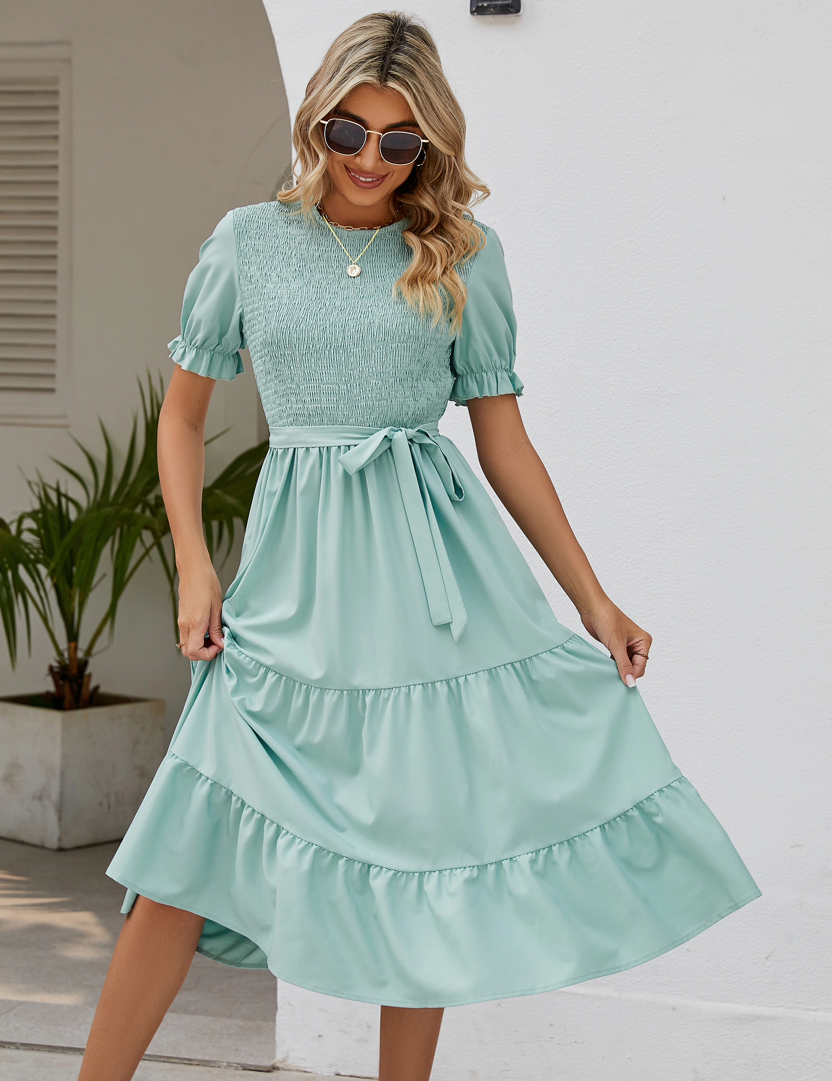 KOJOOIN Women Tiered Midi Dress Puff Short Sleeve Smocked Bodice A-Line Ruffle Beach Flowy Summer Dresses