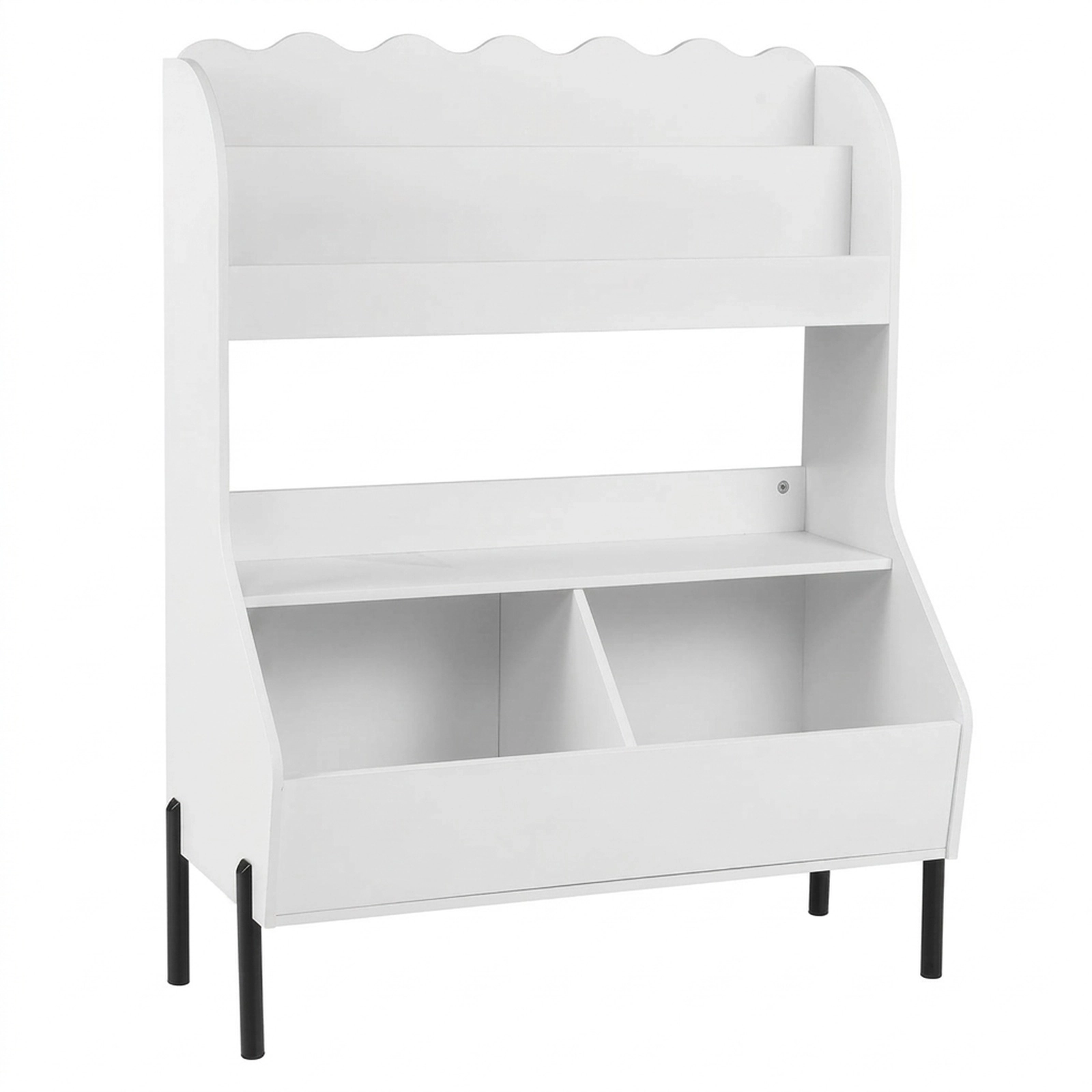 SUGIFT Kids 2-Tier Book Display Open Shelf 2 Storage Bins Metal Legs Wooden Bookshelf 31.5-in x 16-in x 41.5-in White
