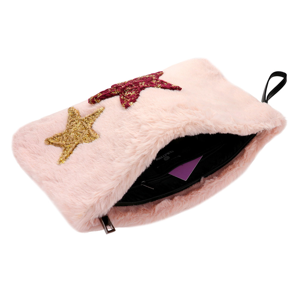 Fashnzfab Star Patches Fuzzy Faux Fur Wristlet Clutch Bag