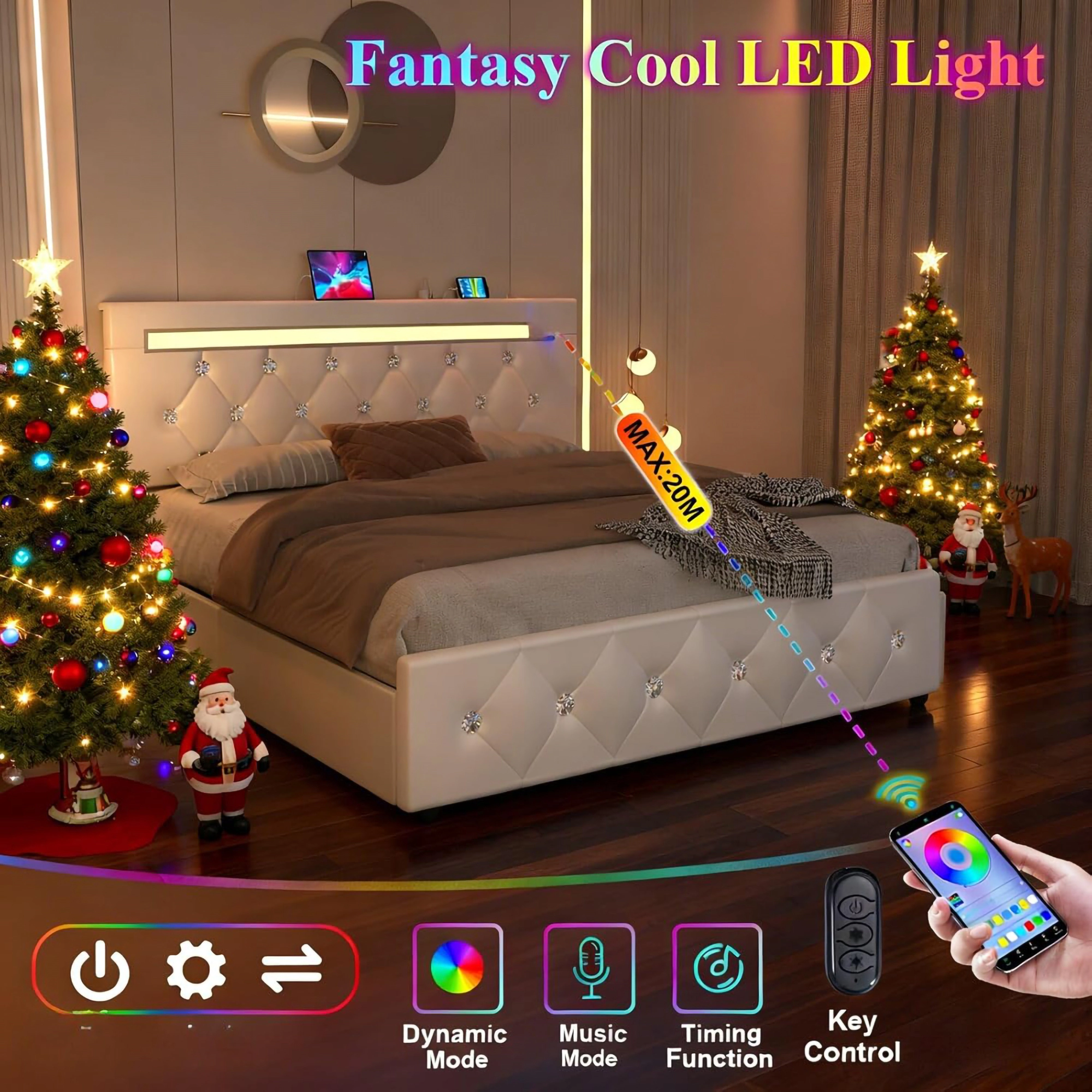 Flynama Full LED Bed Frame with 4 Drawers, PU Upholstery, Adjustable Headboard & Charger, White