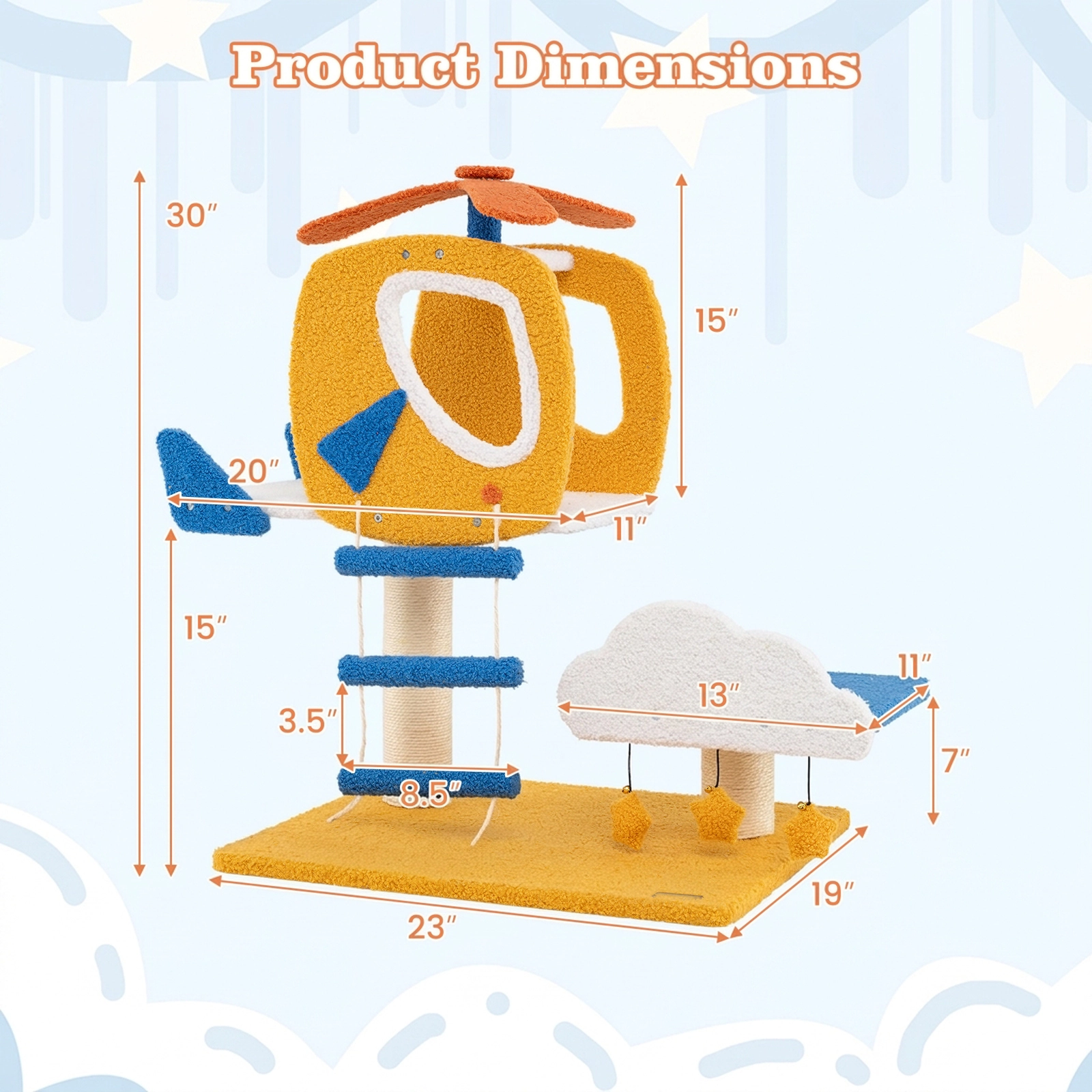 SUGIFT 30 in Cat Tower Yellow Aviation Theme with Helicopter Top Perch and Cloud Panel