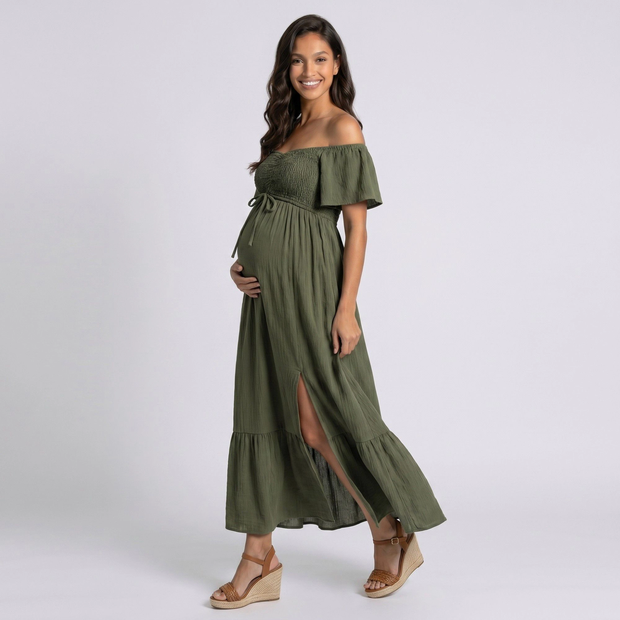 Anna-Kaci Women's Off Shoulder Smocked Bodice Front Slit Maternity Maxi Dress
