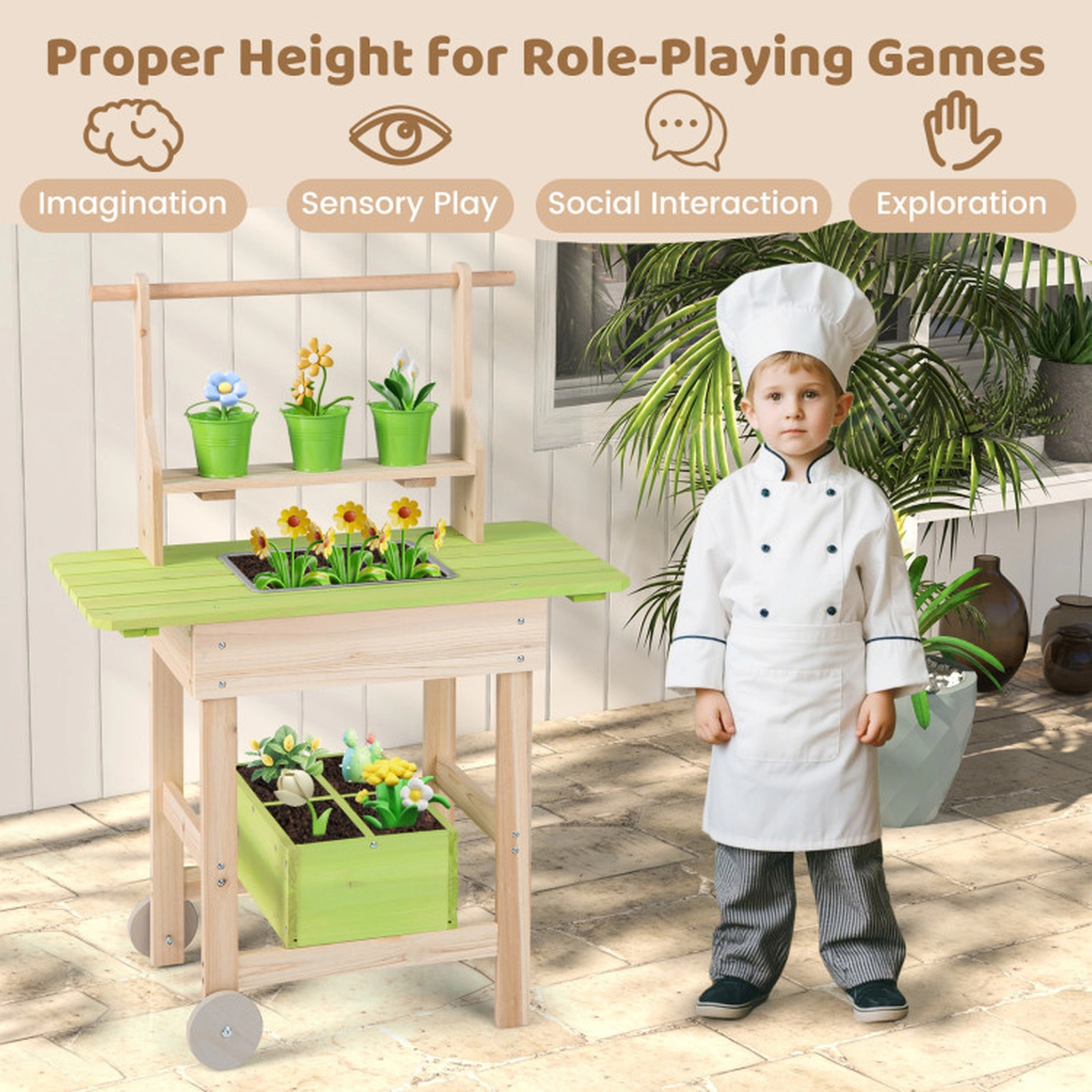 SUGIFT Kids Mud Kitchen with Flowerpots Watering Can Planting Trough & Storage Box 35.5-in Tall Ages 3+ Natural & Green