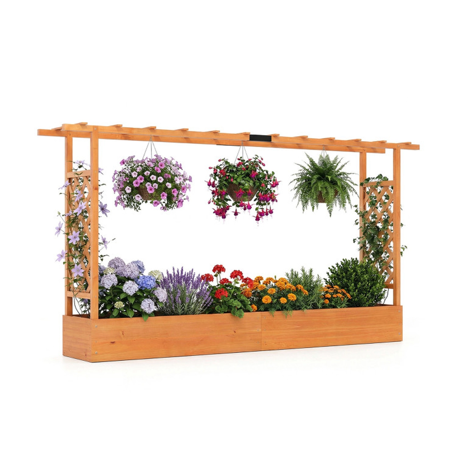 SUGIFT 45-in Tall Fir Wood Planter Raised Garden Bed with Side Trellis and Hanging Roof 110-lb Capacity Natural/Orange
