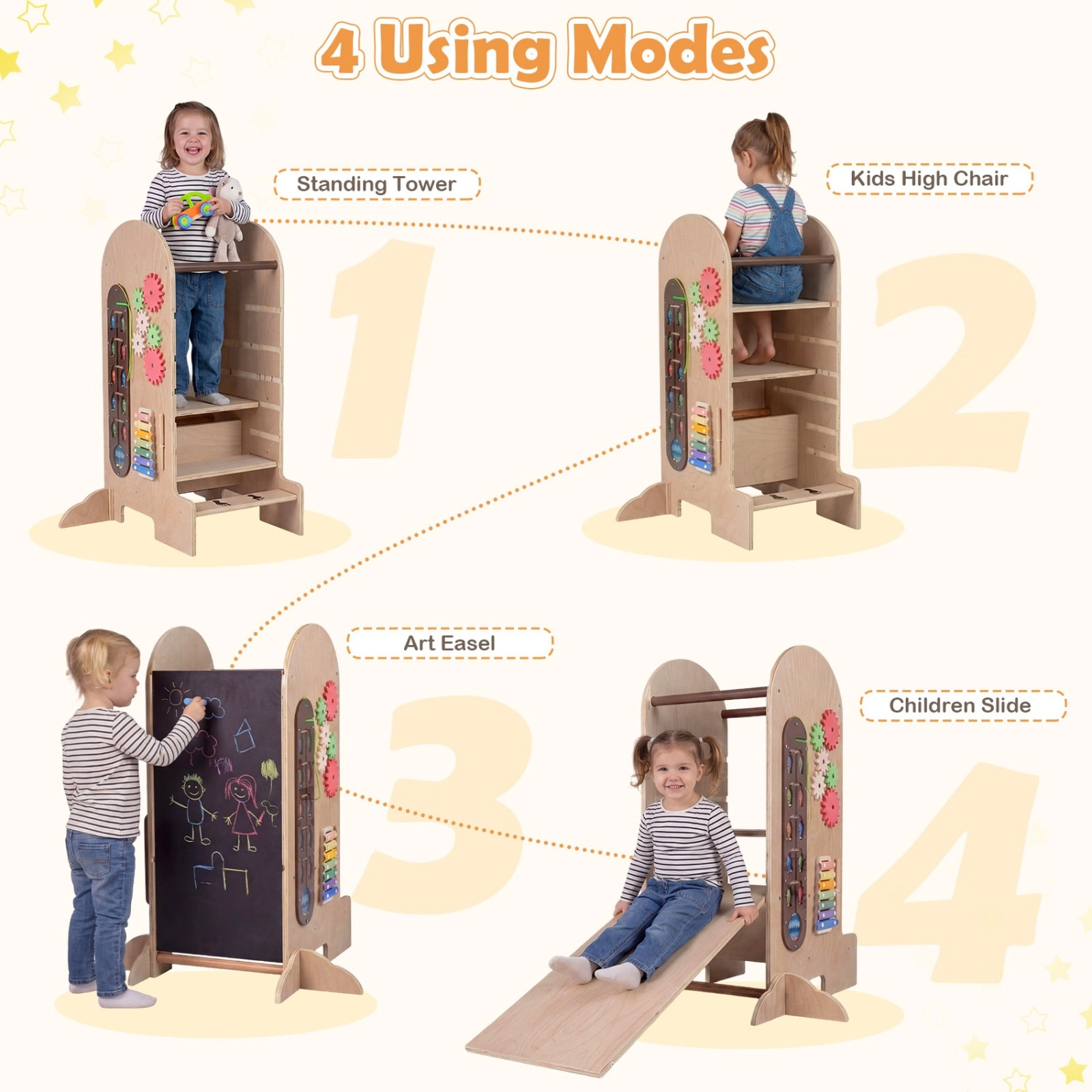SUGIFT Natural Toddler Kitchen Helper Tower Stool with 3 Adjustable Heights Slide and Wood Chalkboard