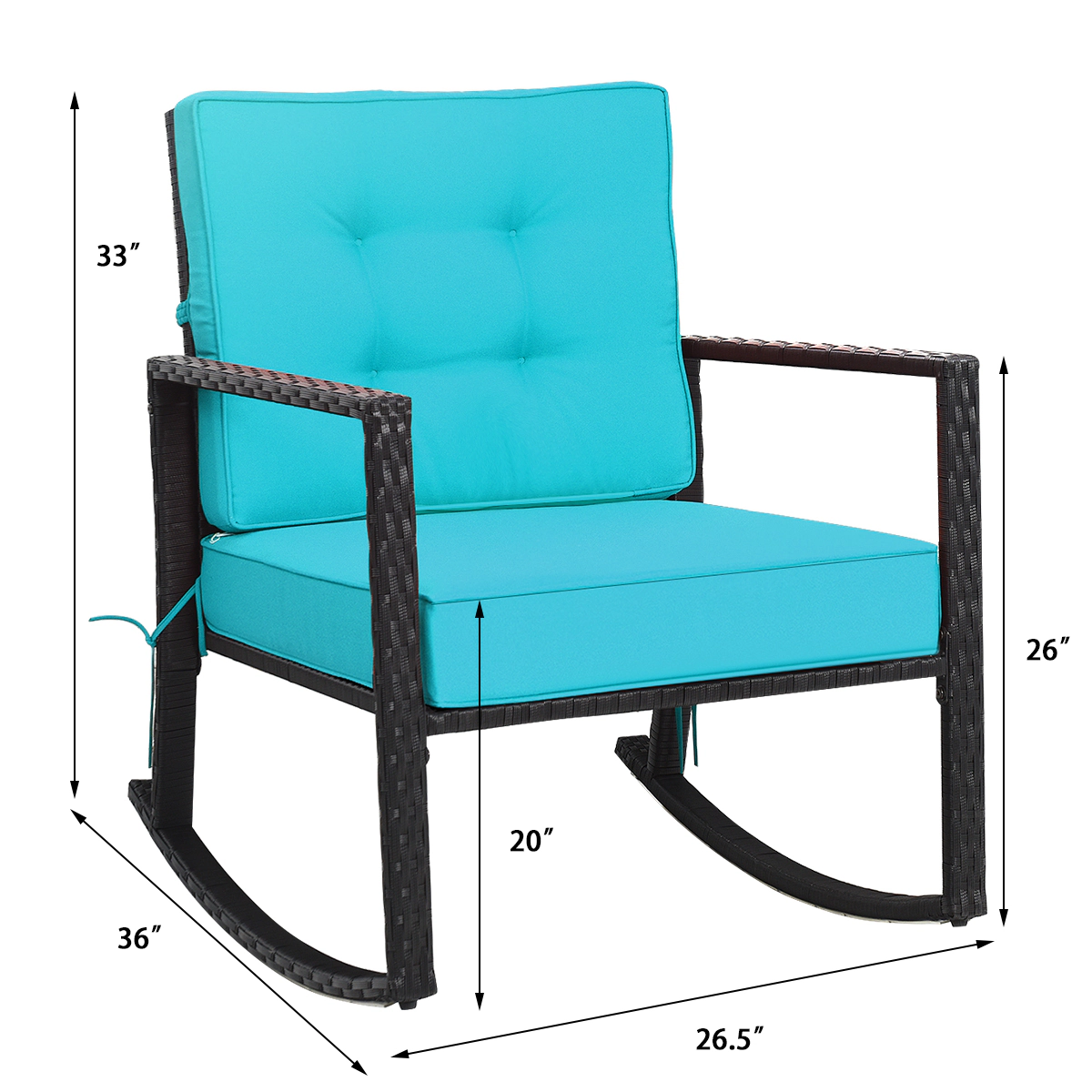 SUGIFT Turquoise Rattan Outdoor Rocking Chair, 360 lb Capacity, Iron Frame, 5 in Seat Cushion