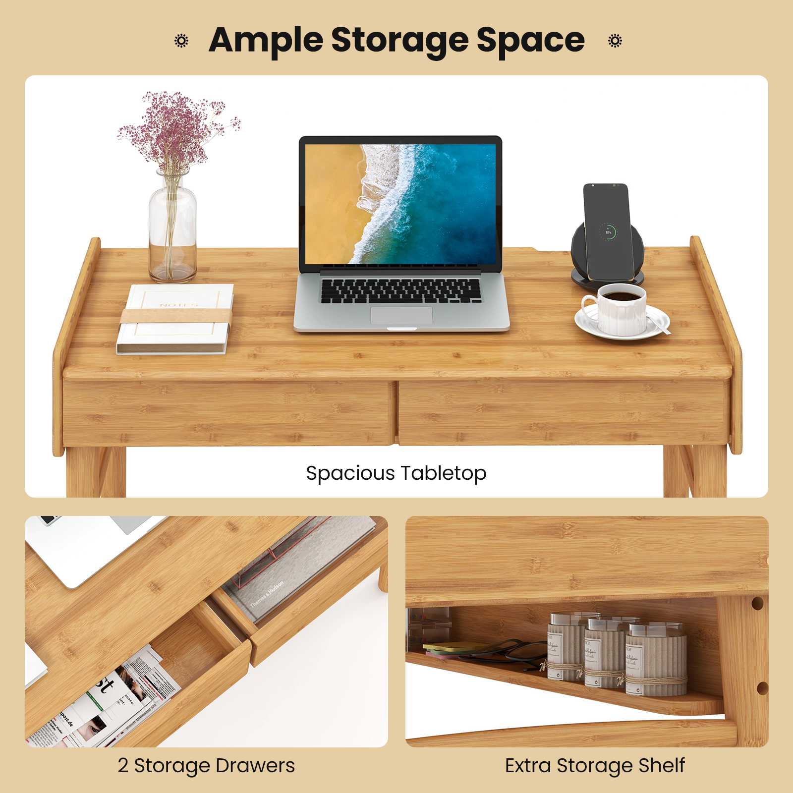SUGIFT 39.5-in Natural Bamboo Writing Desk with 2 Drawers, Shelf and Cable Management