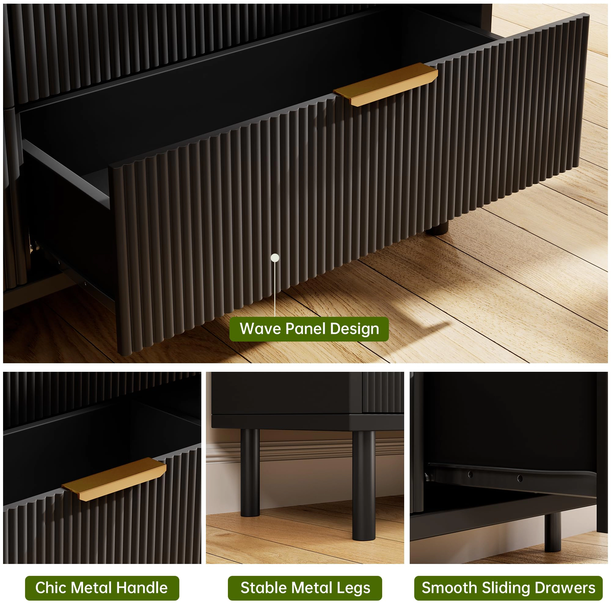 Fluted 3 Drawer Modern Dresser with Metal Legs, Wood Storage Chest for Bedroom Living Room