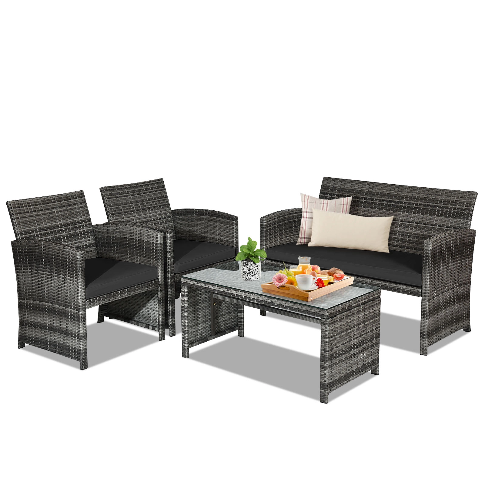 Hivvago 4 Pieces Patio Rattan Furniture Set With Glass Table And Loveseat