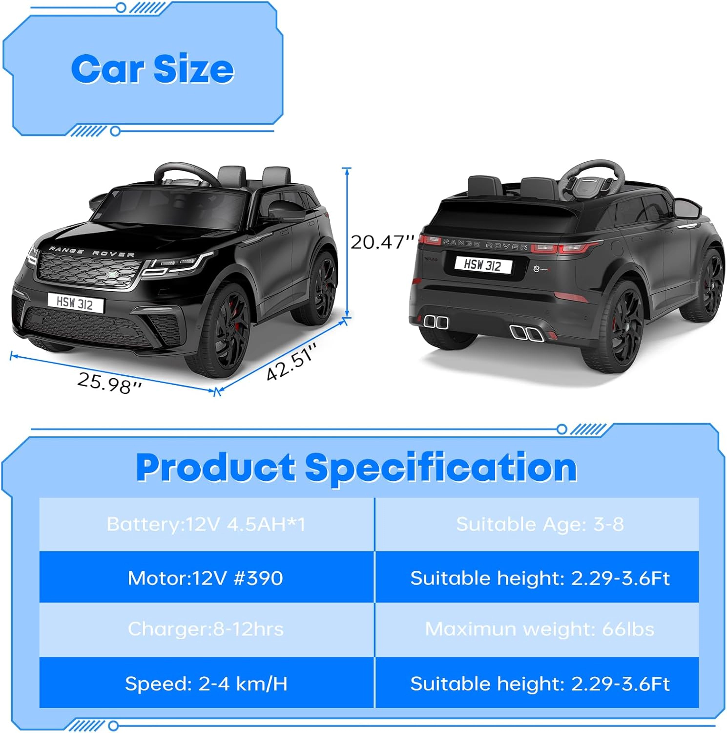 12V Kids Ride On Car, 2-Seater Electric Vehicle w/Remote Control, LED Lights, Music, Shock Absorber, Seat Belts
