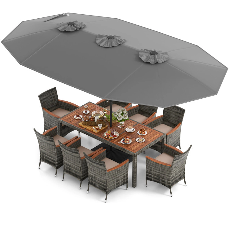 Hivvago 10 Pieces Patio Wicker Dining Set With 15 Feet Double-Sided Umbrella