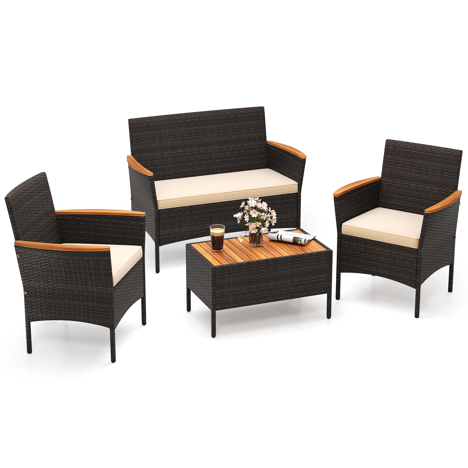 LJG 4 Piece Patio Wicker Sofa Set 2 Rattan Chairs and Loveseat with Table
