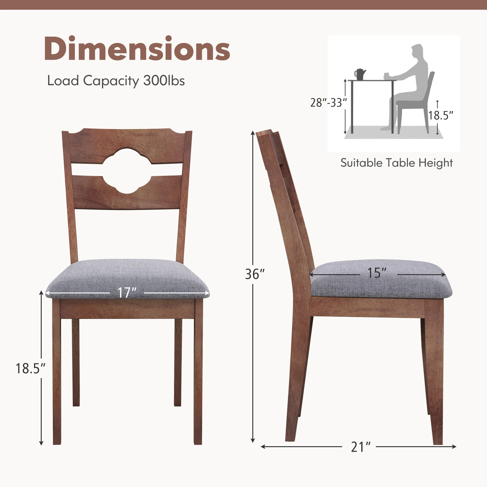 SUGIFT Fabric Upholstered Dining Chair Set of 2 with Padded Seat High Back 285-lb Capacity Brown+Gray