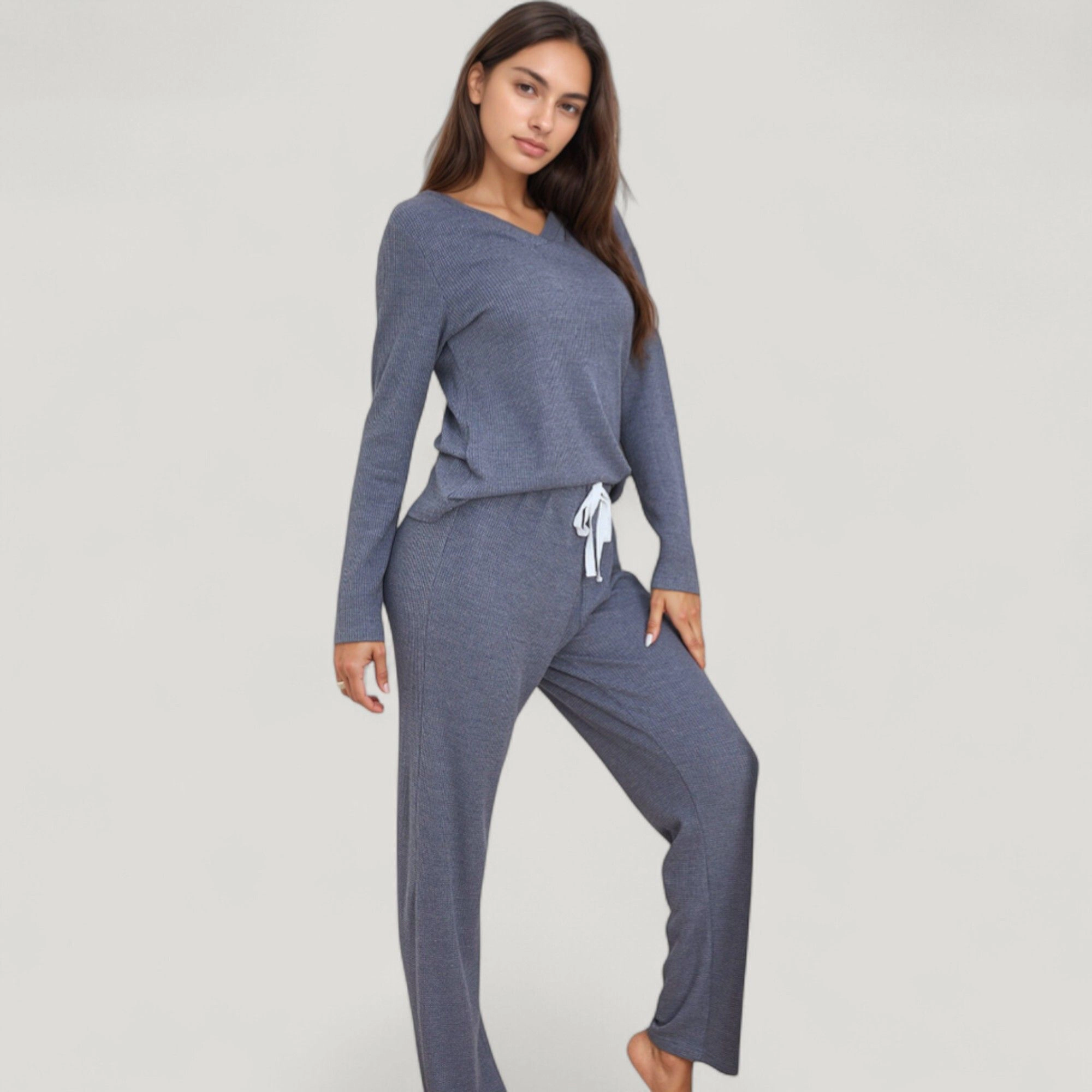 Anna-Kaci Women's V-Neck Long Sleeve Knit Top and Drawstring Waist Lounge Pants 2-Piece