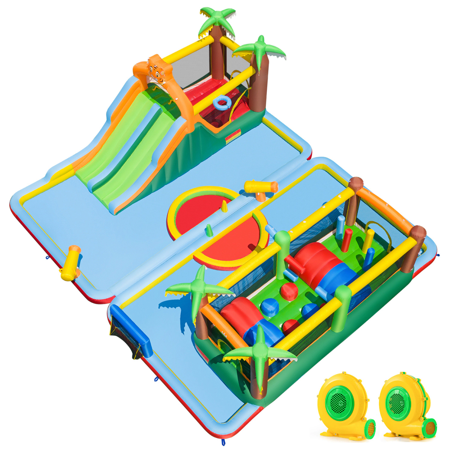 LJG Kids Tiger Inflatable Water Park Obstacle Bounce House with 2 Blower