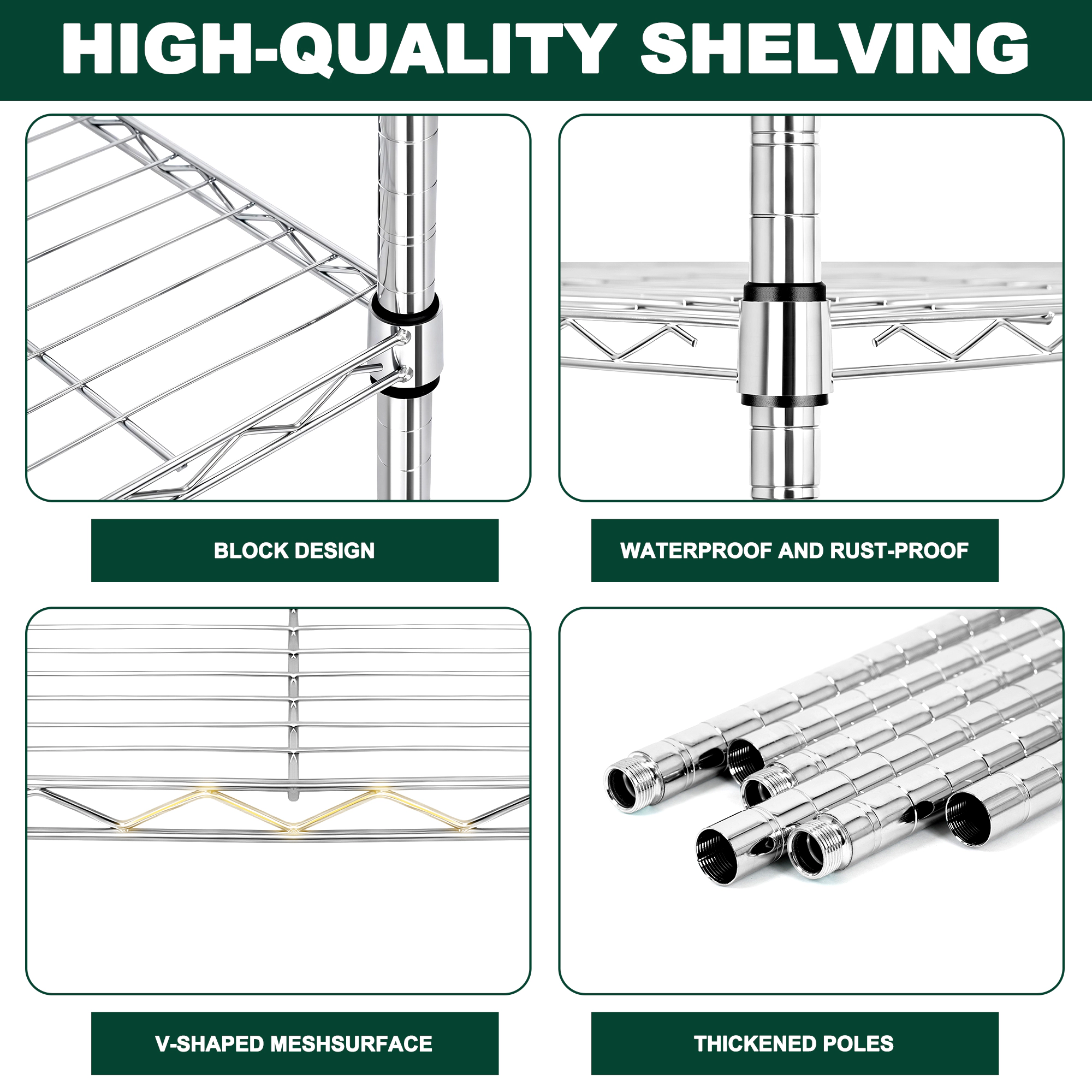 Flynama 5 Tier Chrome Wire Shelf 47.2 x 17.7 x 75.6 in Heavy Duty Adjustable Rack for Garage Kitchen, Warehouse