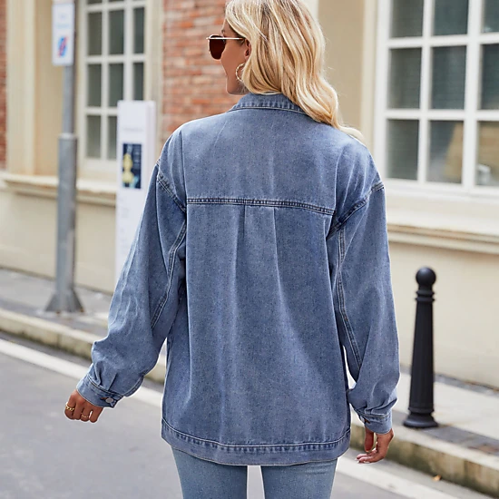 EadianDree Womens Oversized Lapel Denim Jacket Multi Pockets Long Sleeve Button Front Outerwear