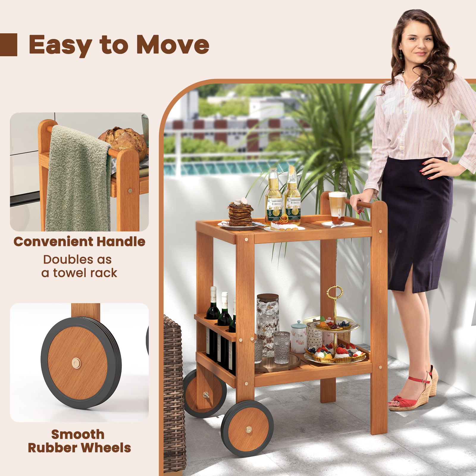 SUGIFT 2 Tier Rolling Hardwood Serving Cart with Wine Bottle Holders 44-lb Tier Capacity Natural