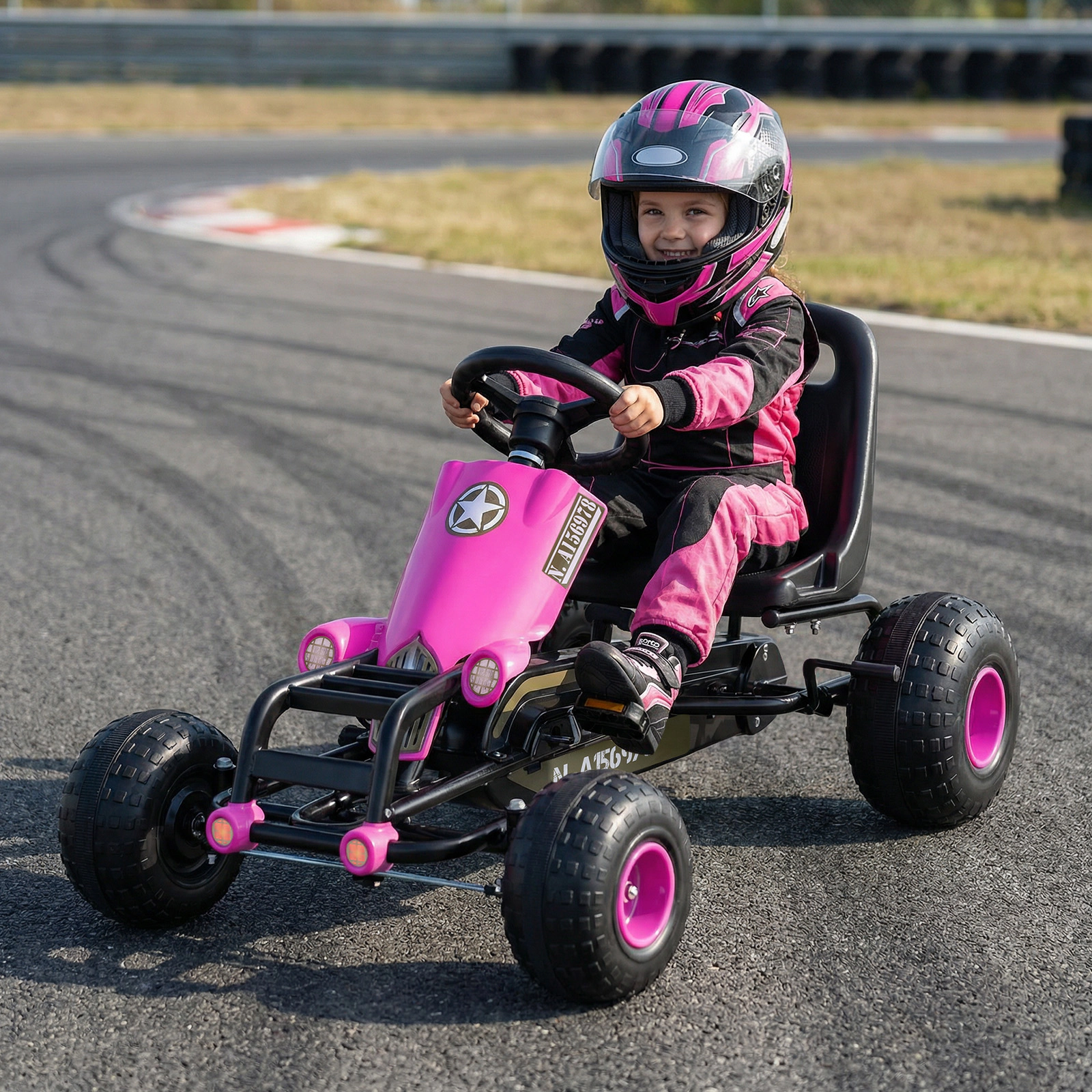 Kids Pedal Go Kart Gear Shifter Side Handbrake 25-Degree Steering Limit Riders 39-in to 61-in Tall Pink Ride On Toy
