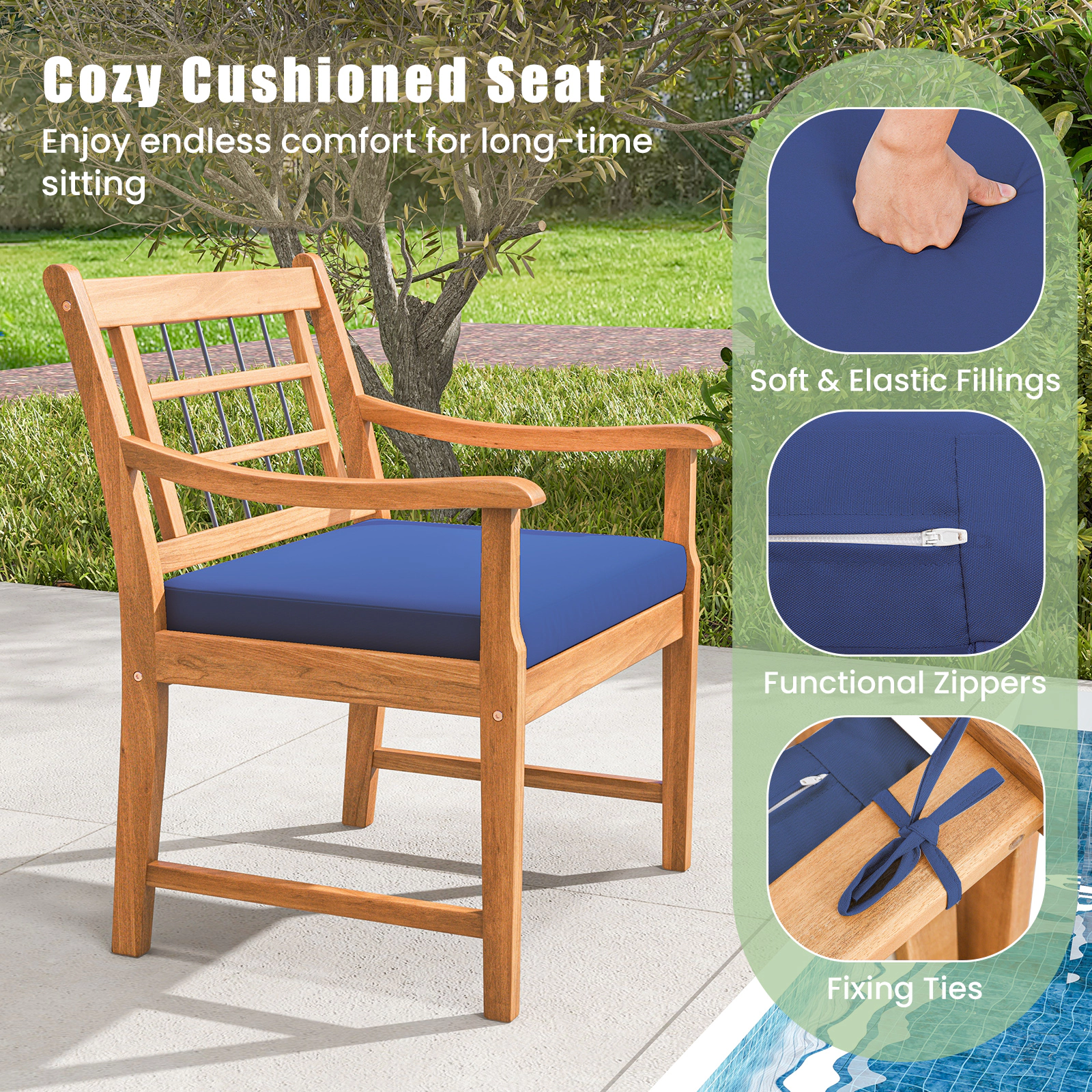 SUGIFT 3 Piece Acacia Wood Patio Conversation Set Seat Cushions & Coffee Table 400-lb Chairs Natural Frame Navy Cushions