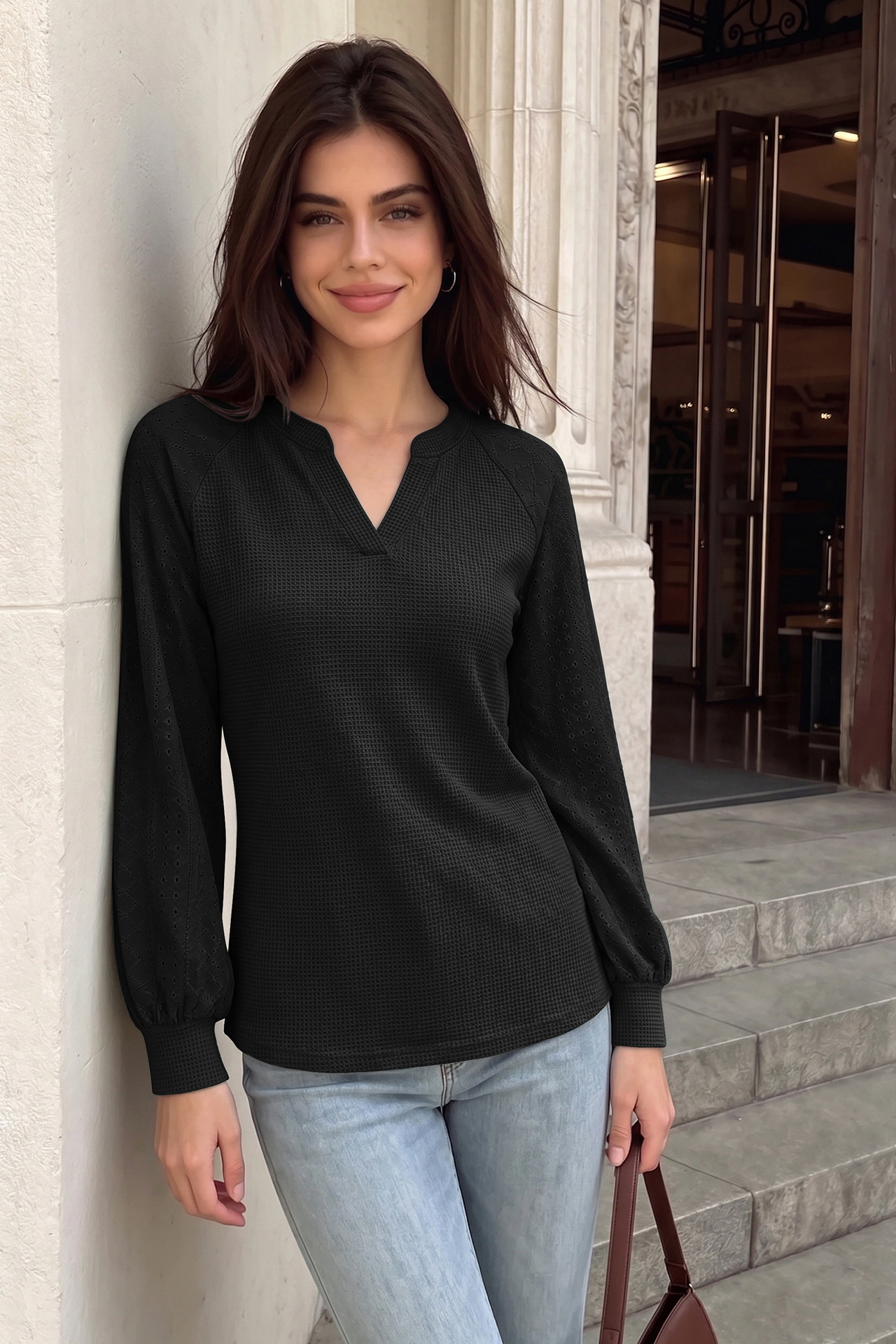 Enchanted Funland Womens Notched V‑Neck Waffle Knit Eyelet Raglan Long Sleeve Tops