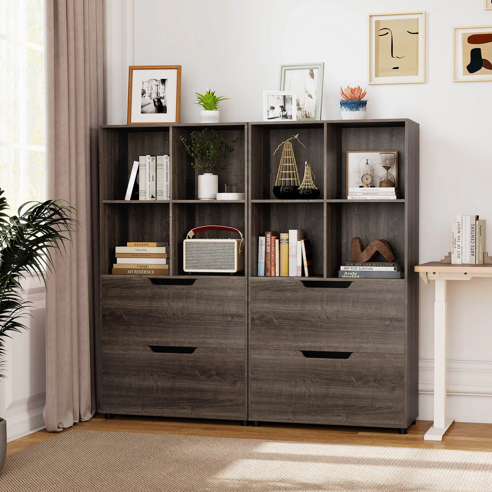 Costway 2 PCS 4-Cube Bookcase with Drawers, Tall Freestanding Bookshelf for Living Room Gray