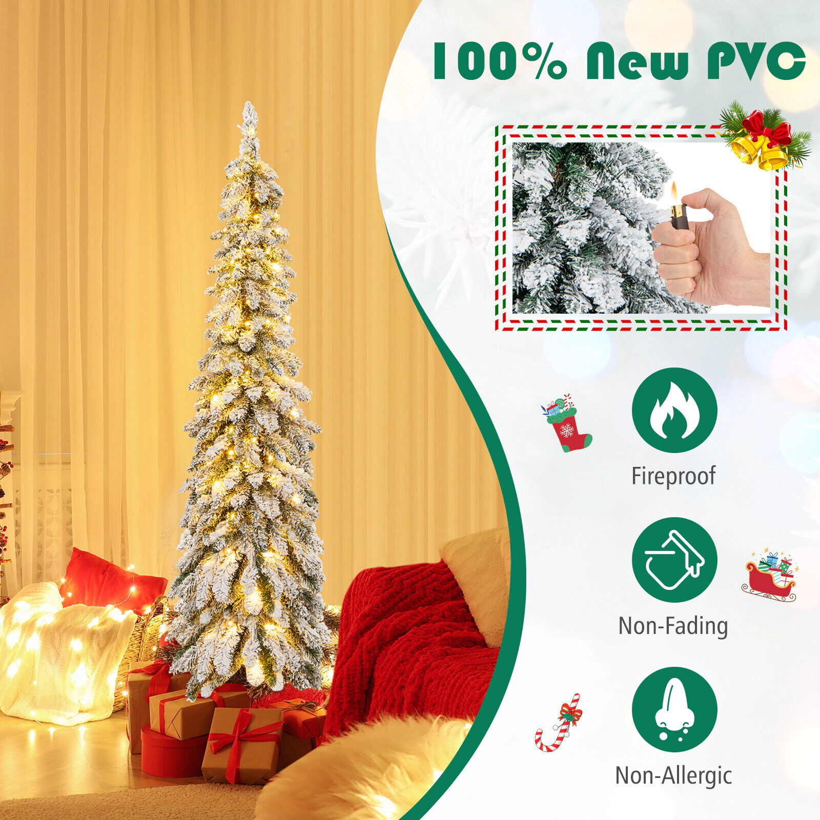 SUGIFT 5-ft Slim Pencil Pre-Lit Snow Flocked Artificial Christmas Tree with 150 LED Lights and 11 Modes
