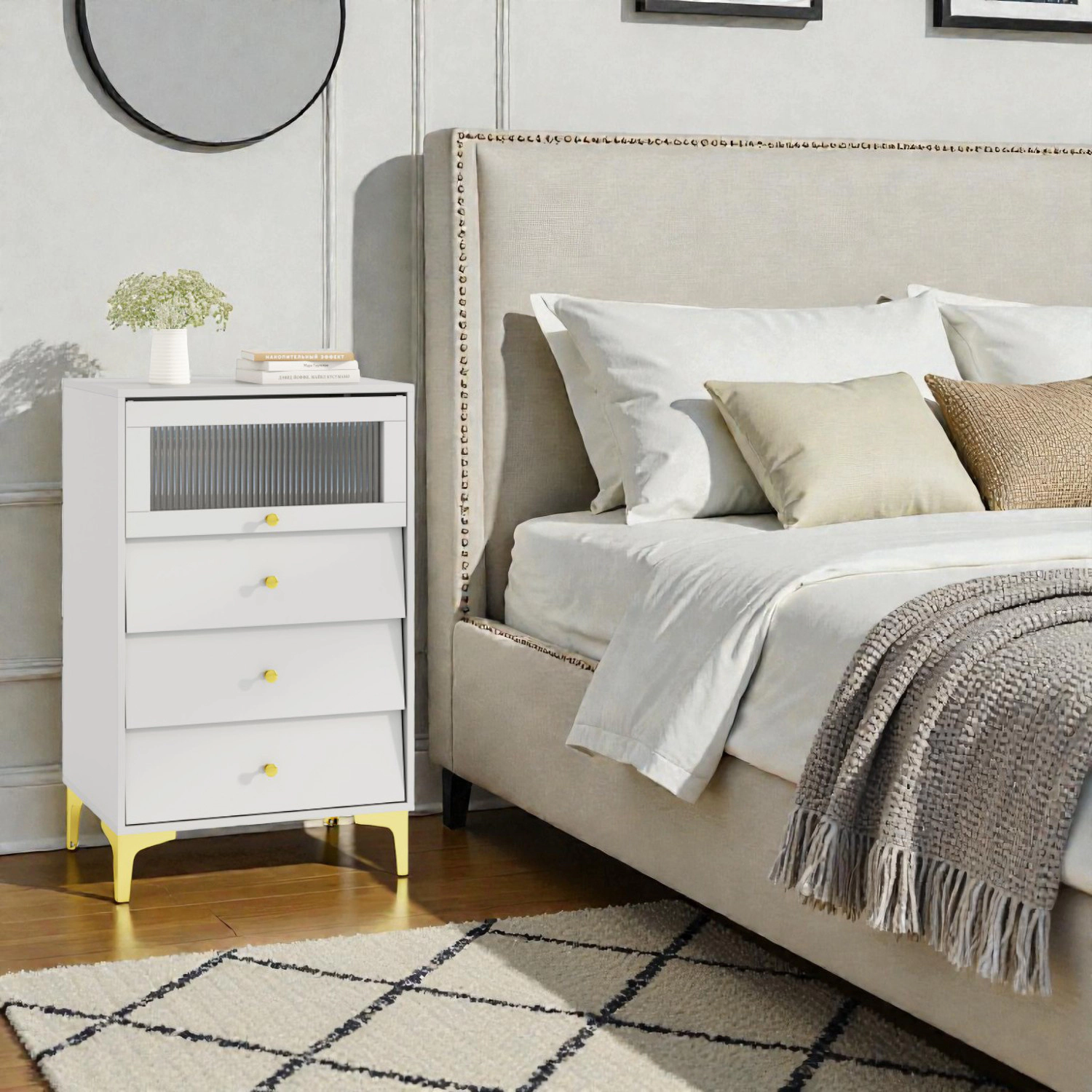Hivvago Modern Cabinet with Lift-Up Fluted Glass Door and Sliding Drawers