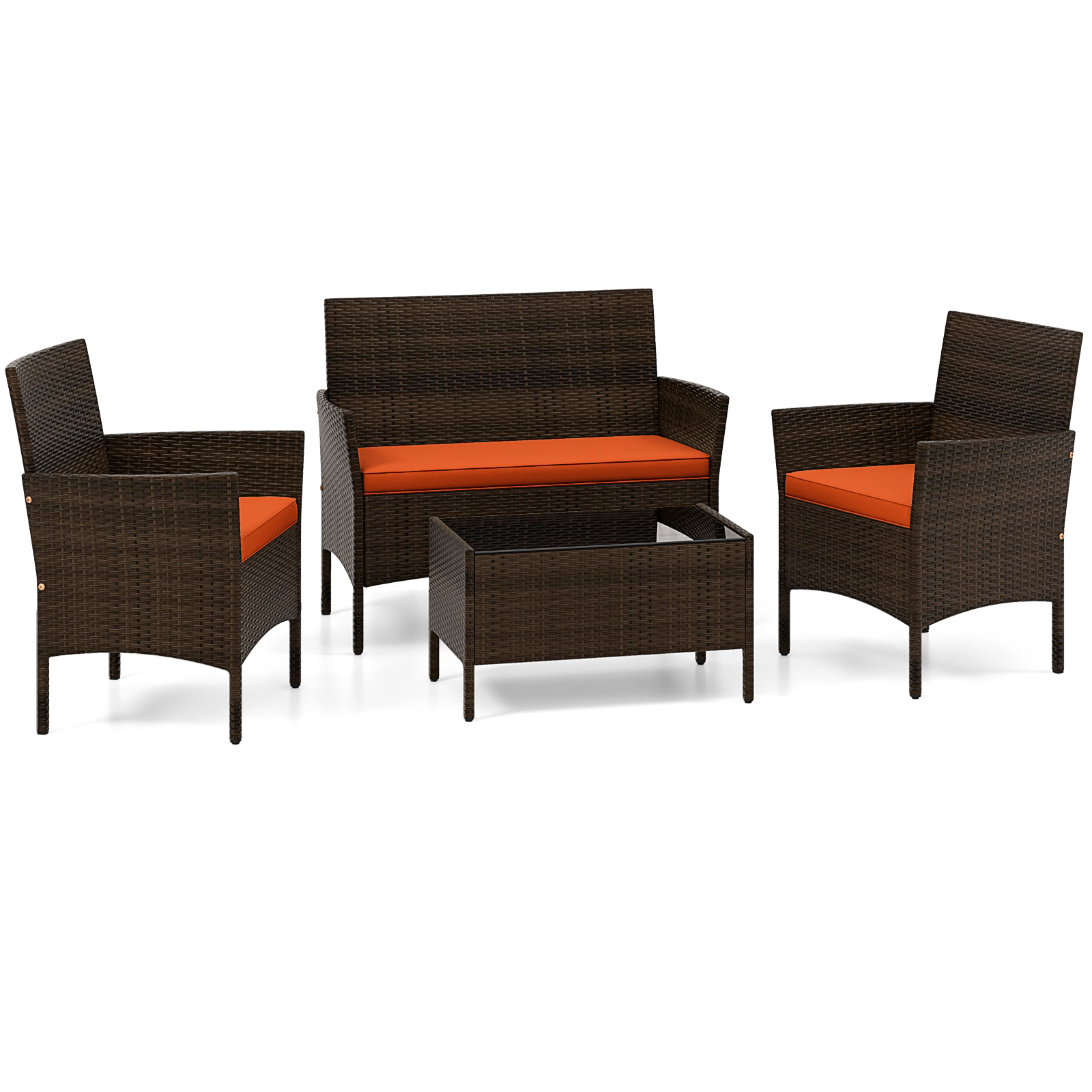 SUGIFT Patio Conversation Set with Cushions 800-lb Loveseat 400-lb Chair Capacity Mix Brown Rattan Orange Cushions