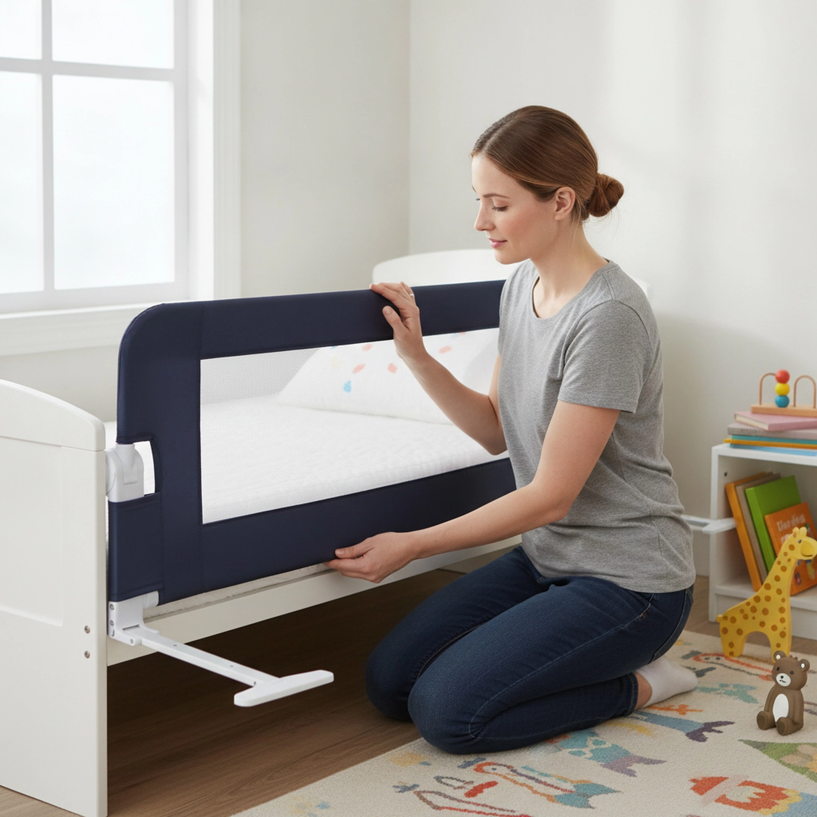 Baby Bed Rail Guard 17-in Tall Swing Down Toddler Bed Guard Foldable Safety Rail with Padded Cover No Drill Setup Gray