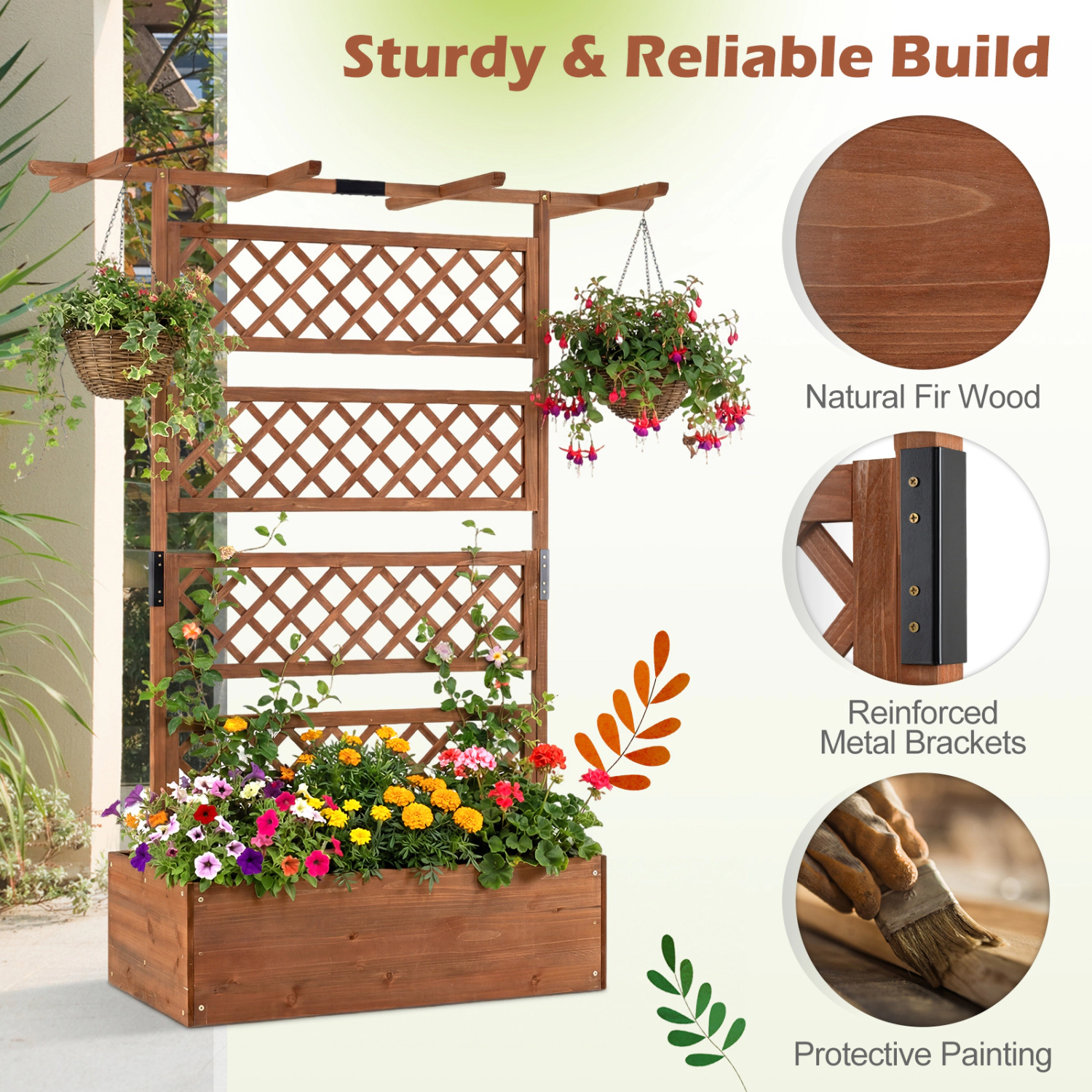 LJG Wooden Planter Box with Lattice Trellis Raised Garden Bed Privacy Screen Flat Roof