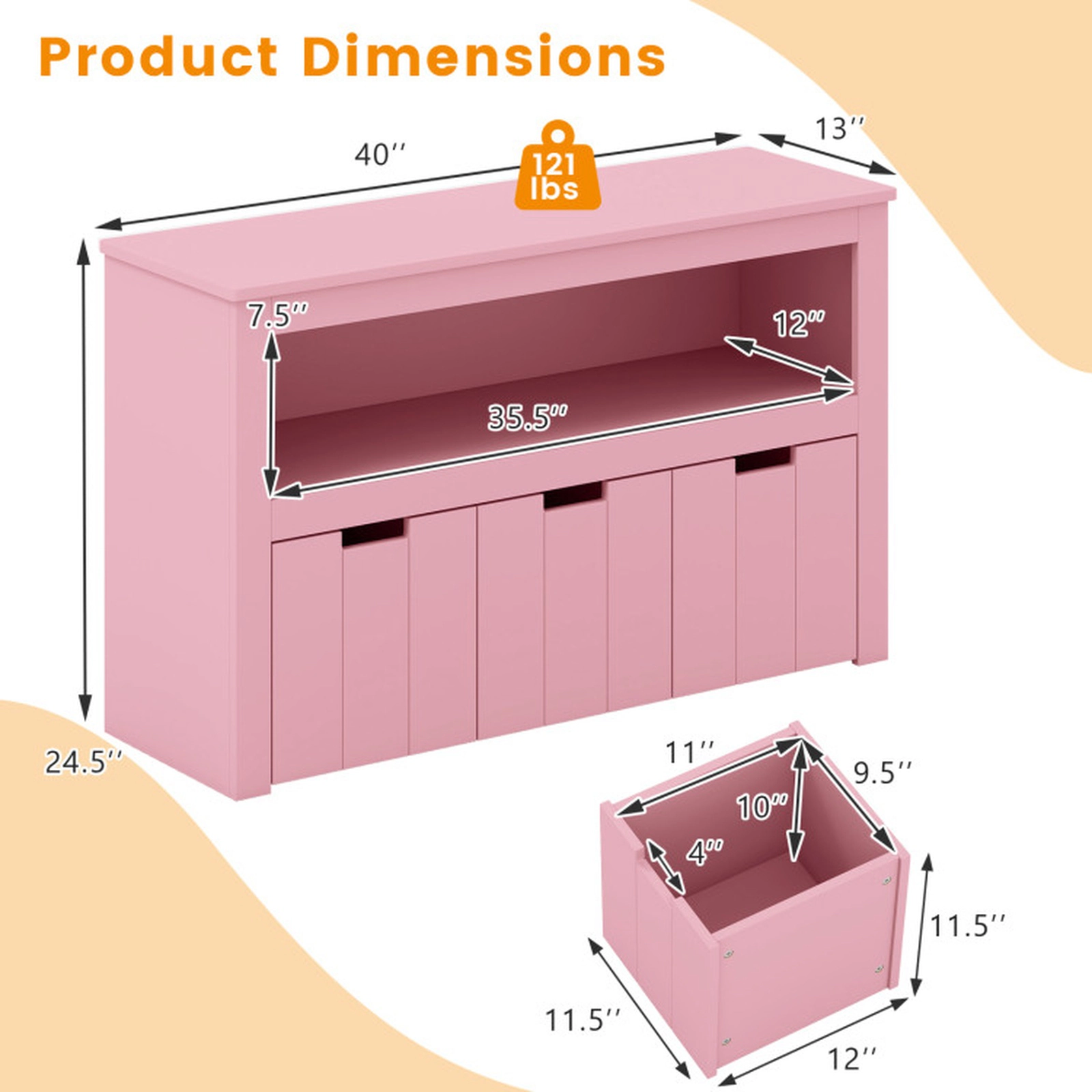 SUGIFT Kids 3 Slide-Out Drawers Wheels Open Shelf Toy Storage Cabinet 40-in x 13-in x 24.5-in 110-lb Capacity Pink
