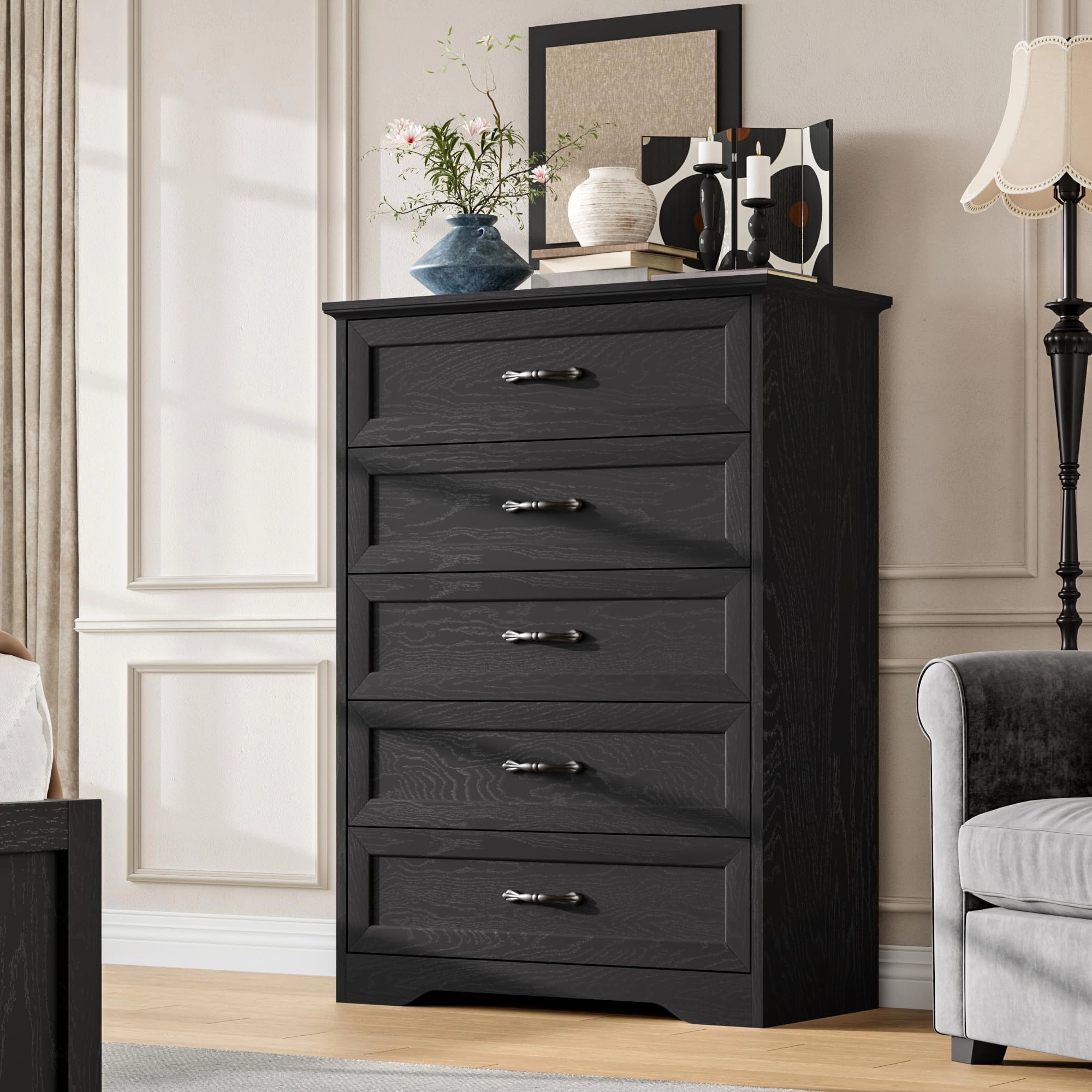 Farmhouse 5 Drawer Dresser with Metal Handles, 44" Tall Wooden Storage Cabinet for Bedroom Living Room